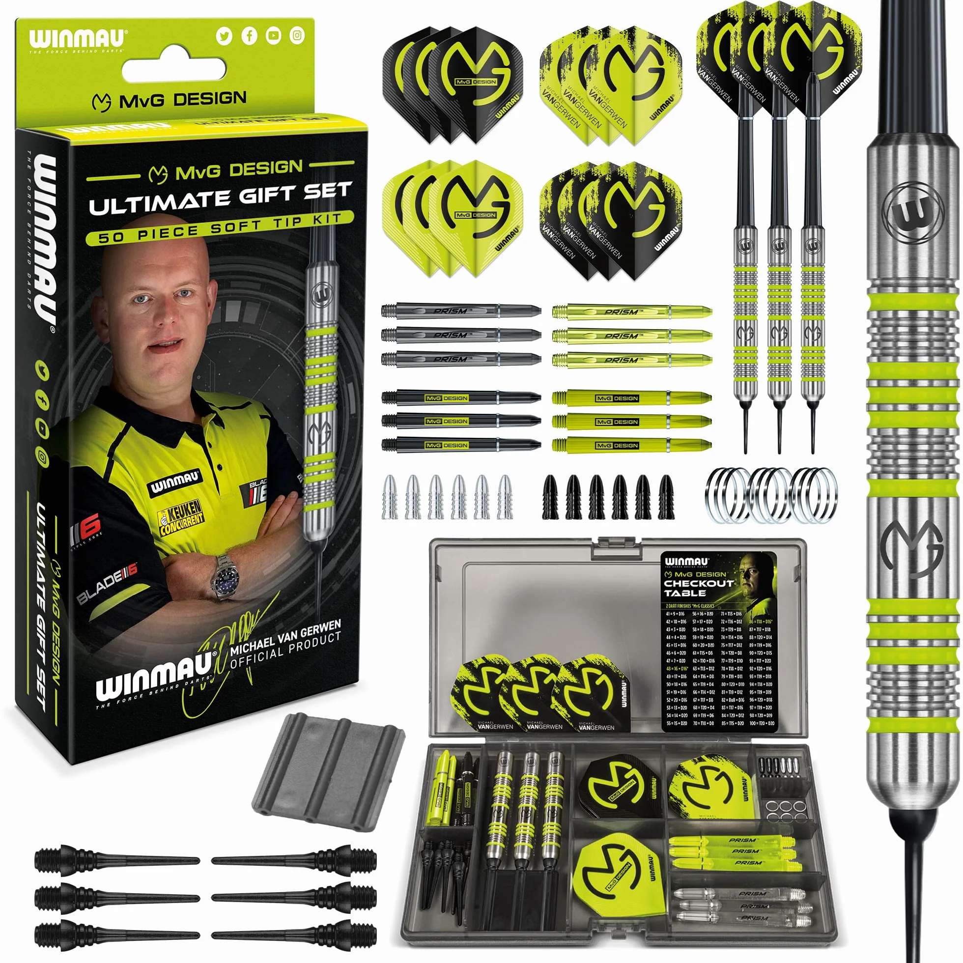 WINMAU Michael Van Gerwen MvG 50 Piece Darts Set with Shafts, Flights & Accessories