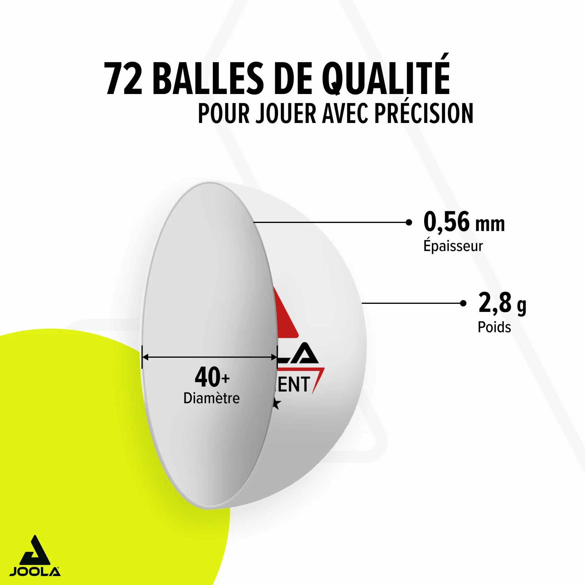 JOOLA Balles de tennis de table Tournament 40+ mm 3 étoiles Premium Paquet de 72 Blanc