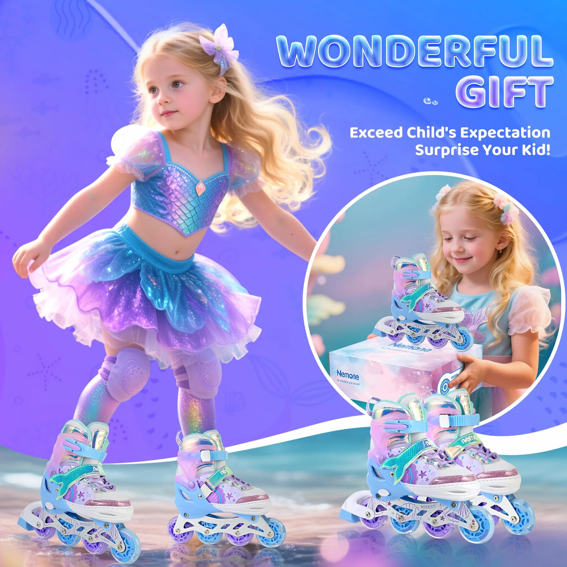 NEMONE Rollers en Ligne Filles Réglable 4 Roues pour Enfants Débutants Cadeau Noël Anniversaire