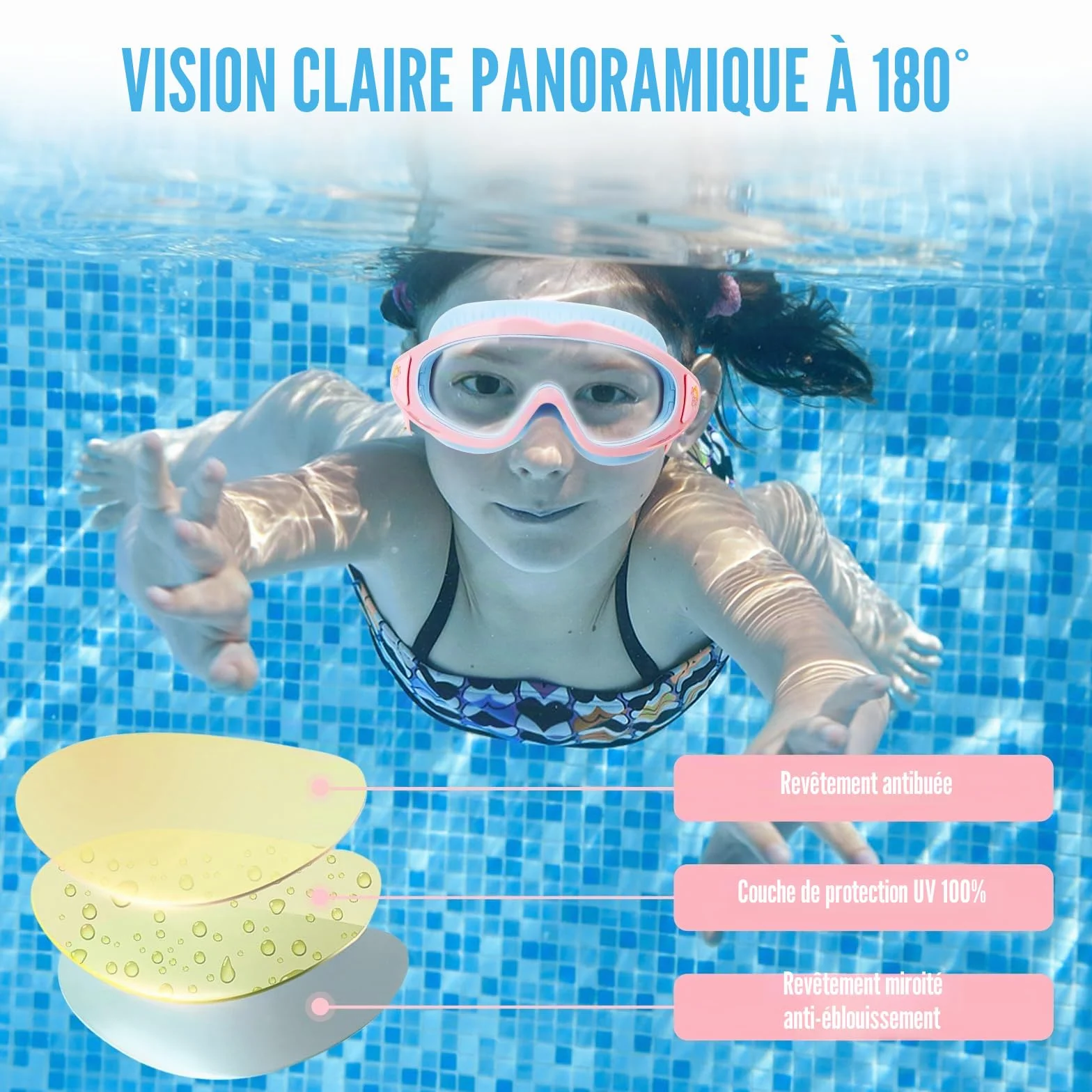 Masque de plongée panoramique 180° anti-buée étanche enfants 3-15 ans garçons filles