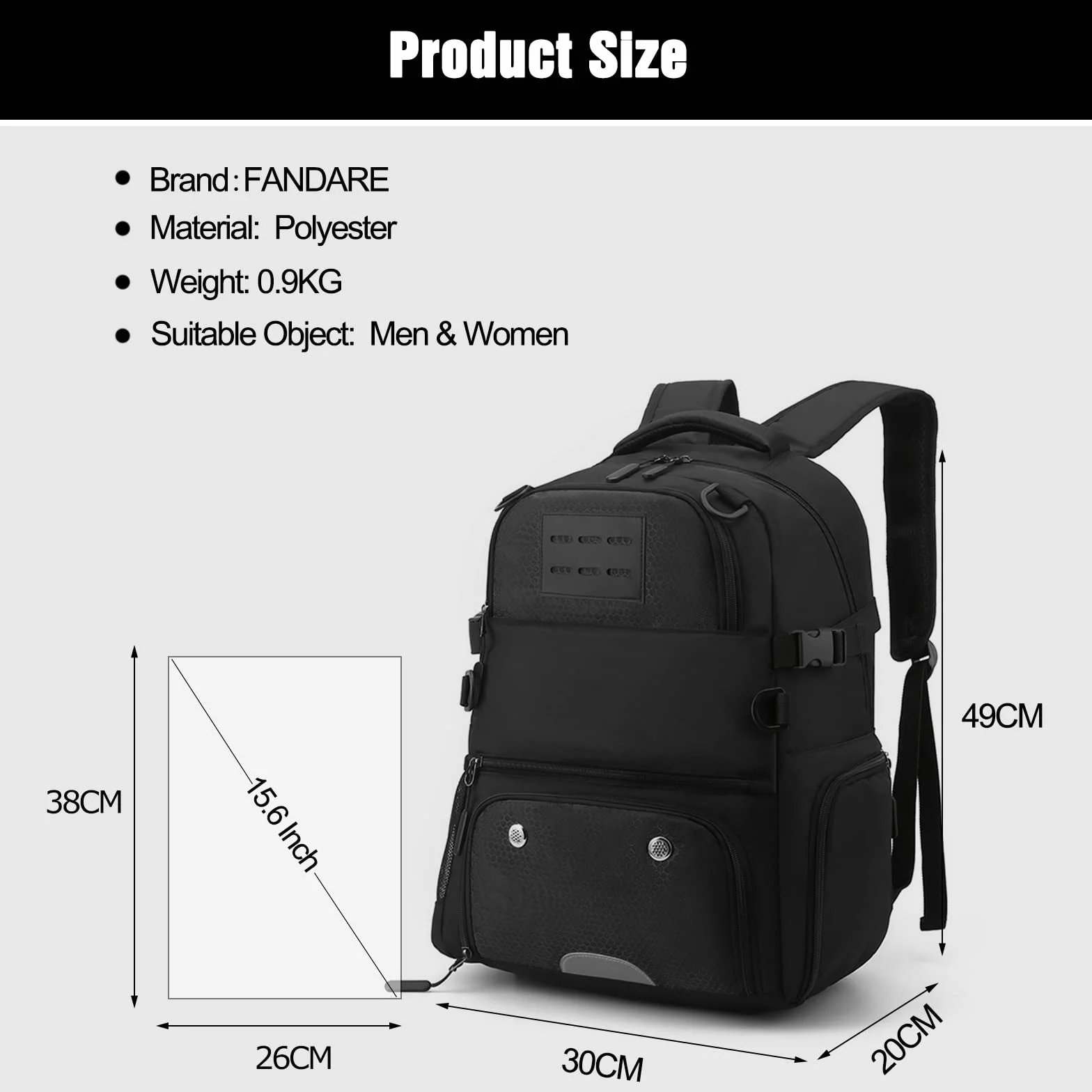 Sac à dos de basket-ball FANDARE grand sac de sport poche balles séparée compartiment chaussures 15,6 pouces ordinateur portable