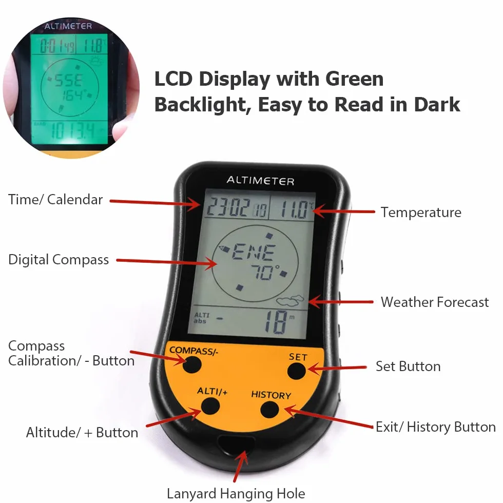 Altimètre numérique électronique 8 en 1 multifonction LCD rétroéclairage baromètre boussole thermomètre prévisions météo horloge calendrier extérieur escalade randonnée pêche