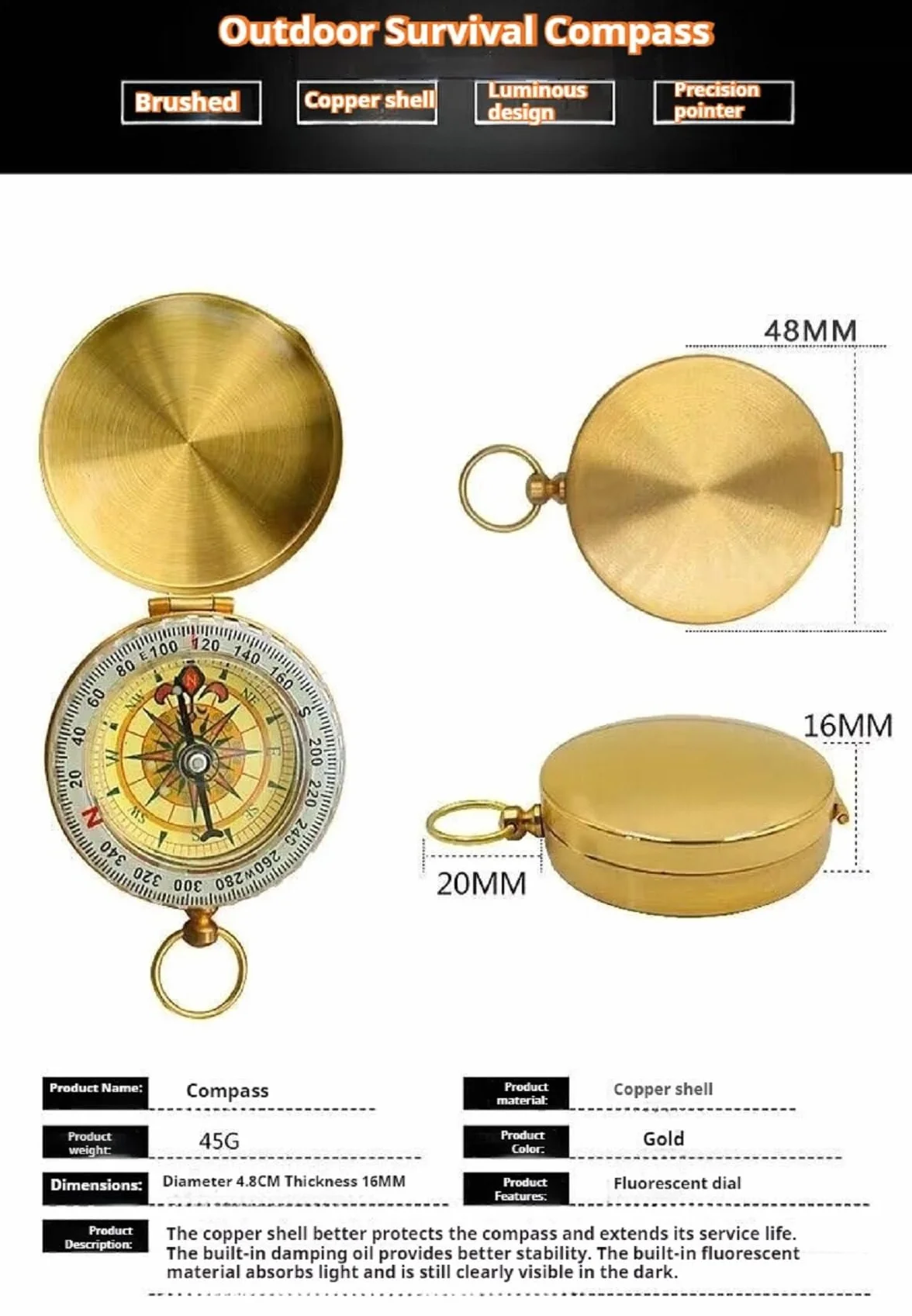 Boussole en laiton étanche avec chiffres lumineux pour l'extérieur