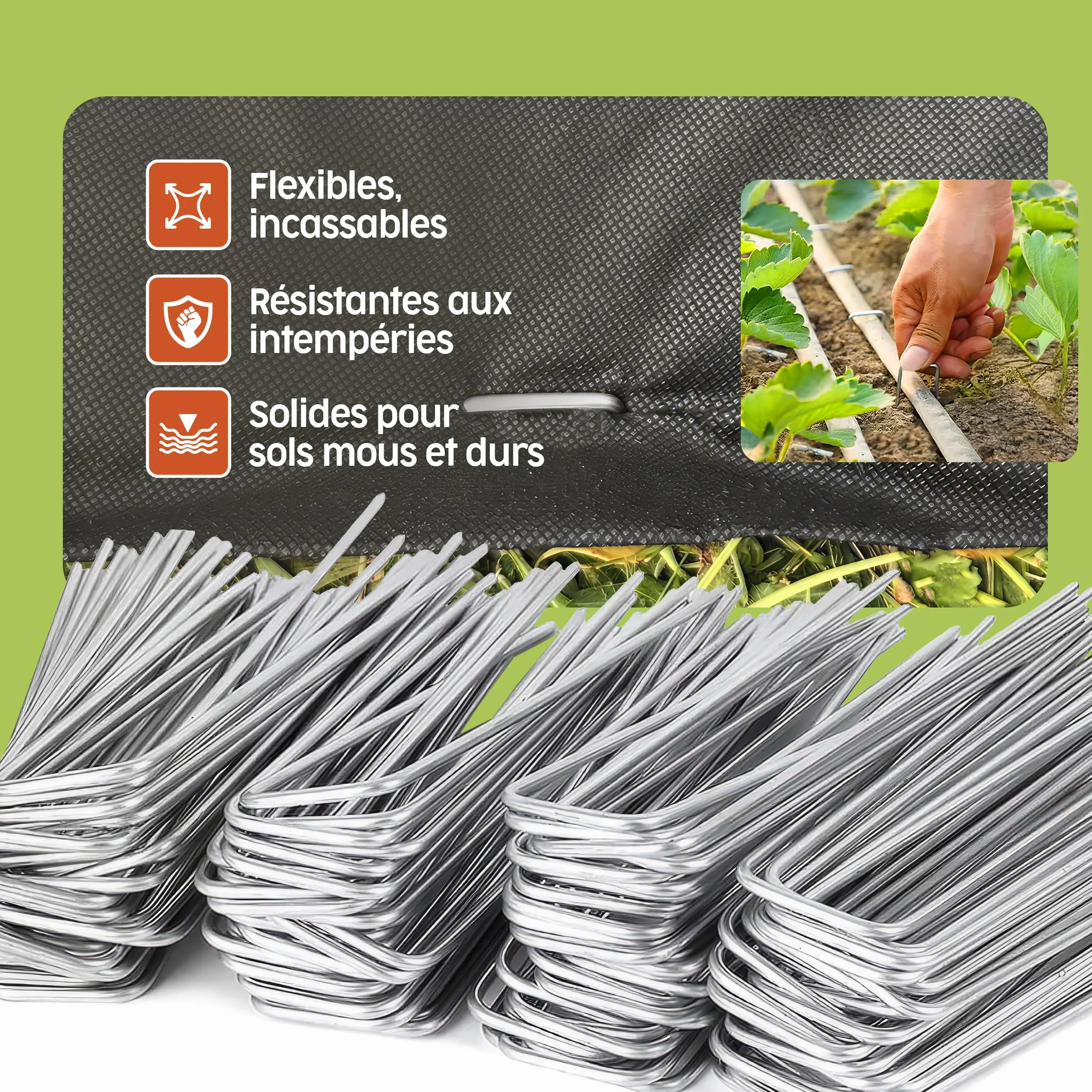 PORTENTUM Agrafes de Jardin 50 pcs + 8 Rondelles – Sardines de Fixation pour Sol Dur