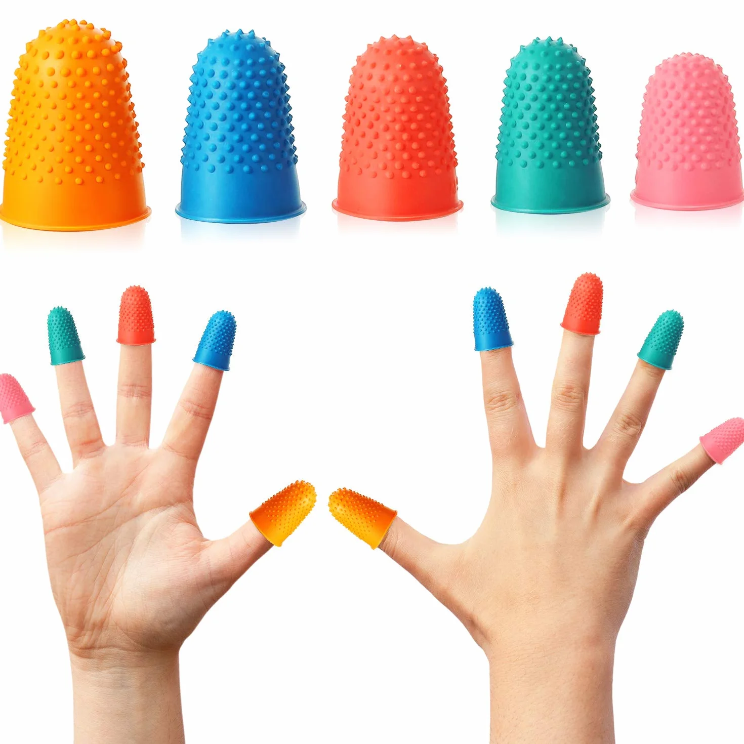 10 Doigtiers en Caoutchouc Coussins de Doigts Silicone Protecteur réutilisable Épais avec Boîte 5 Tailles et Couleurs
