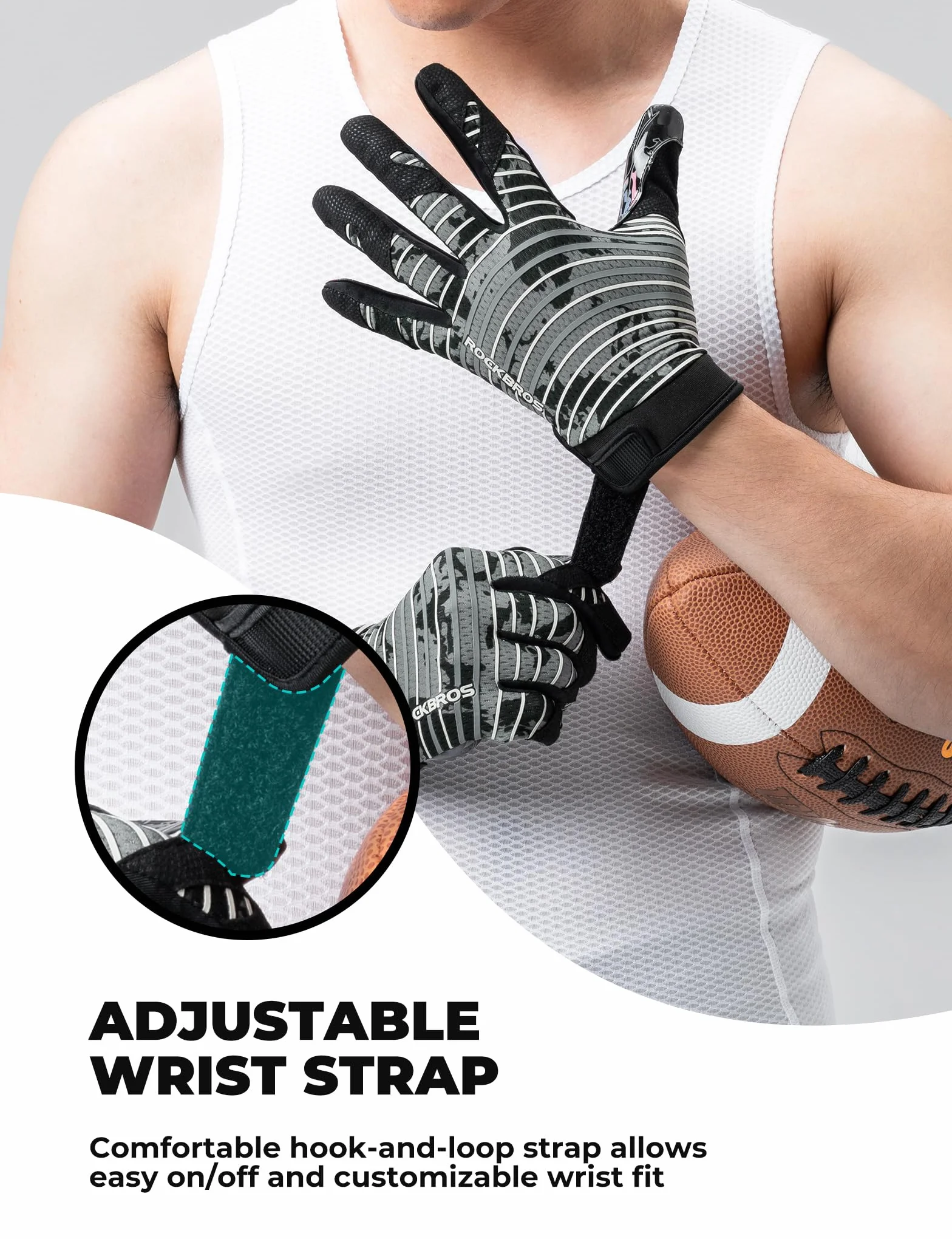 ROCKBROS Gants de Receveur Football Américain Paume PU Antidérapante Maintien Réglable