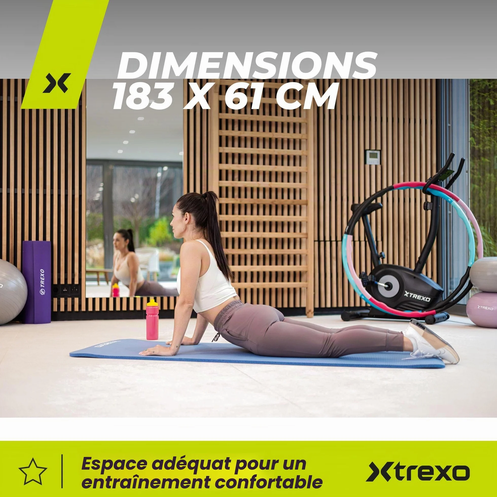 TREXO Tapis d'Exercice en NBR 183 x 61 cm 15 mm Épaisseur Antidérapant avec Sangle