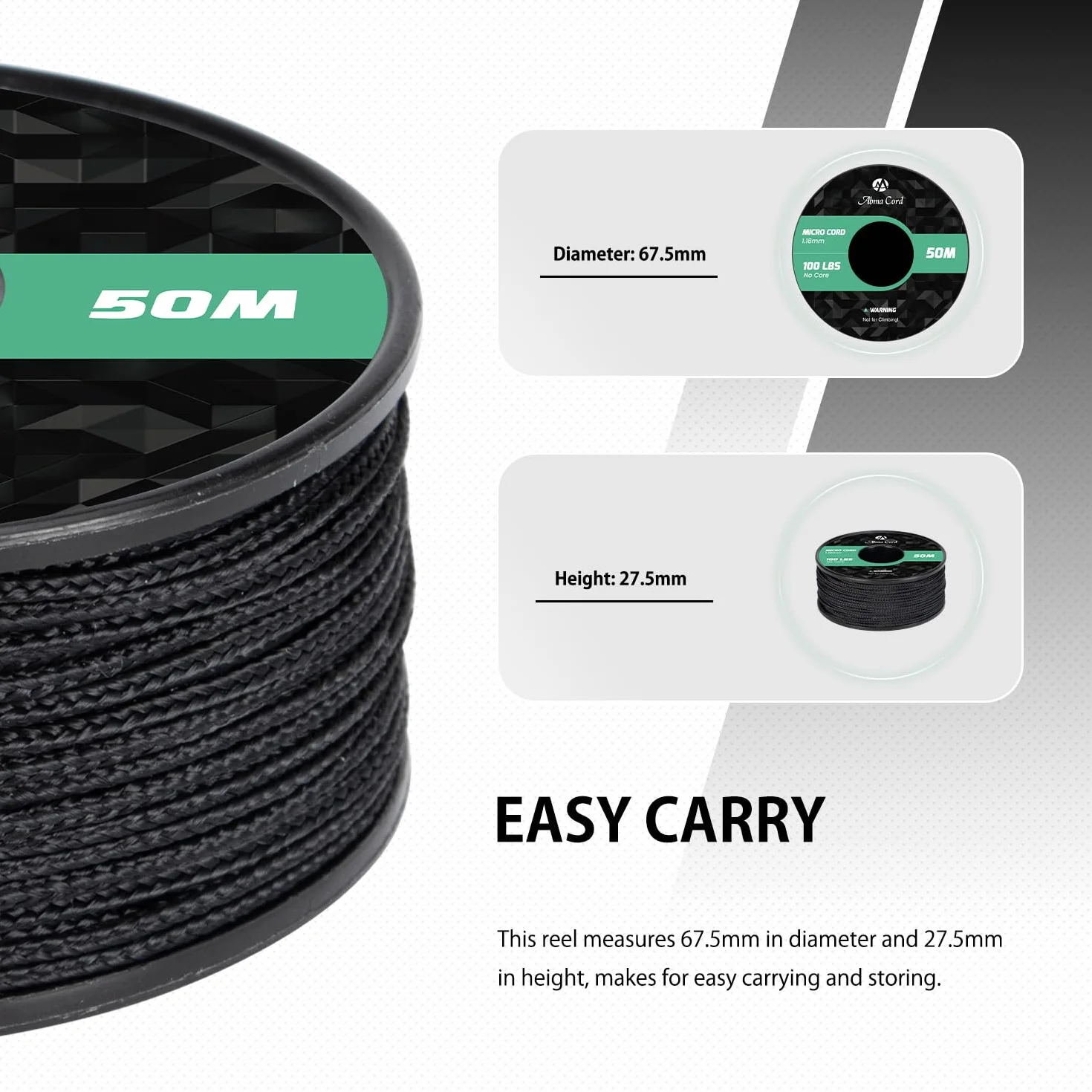 Abma Cord Micro Corde 1,18 mm Paracorde 50M Bobine Noir - Max. 45kg