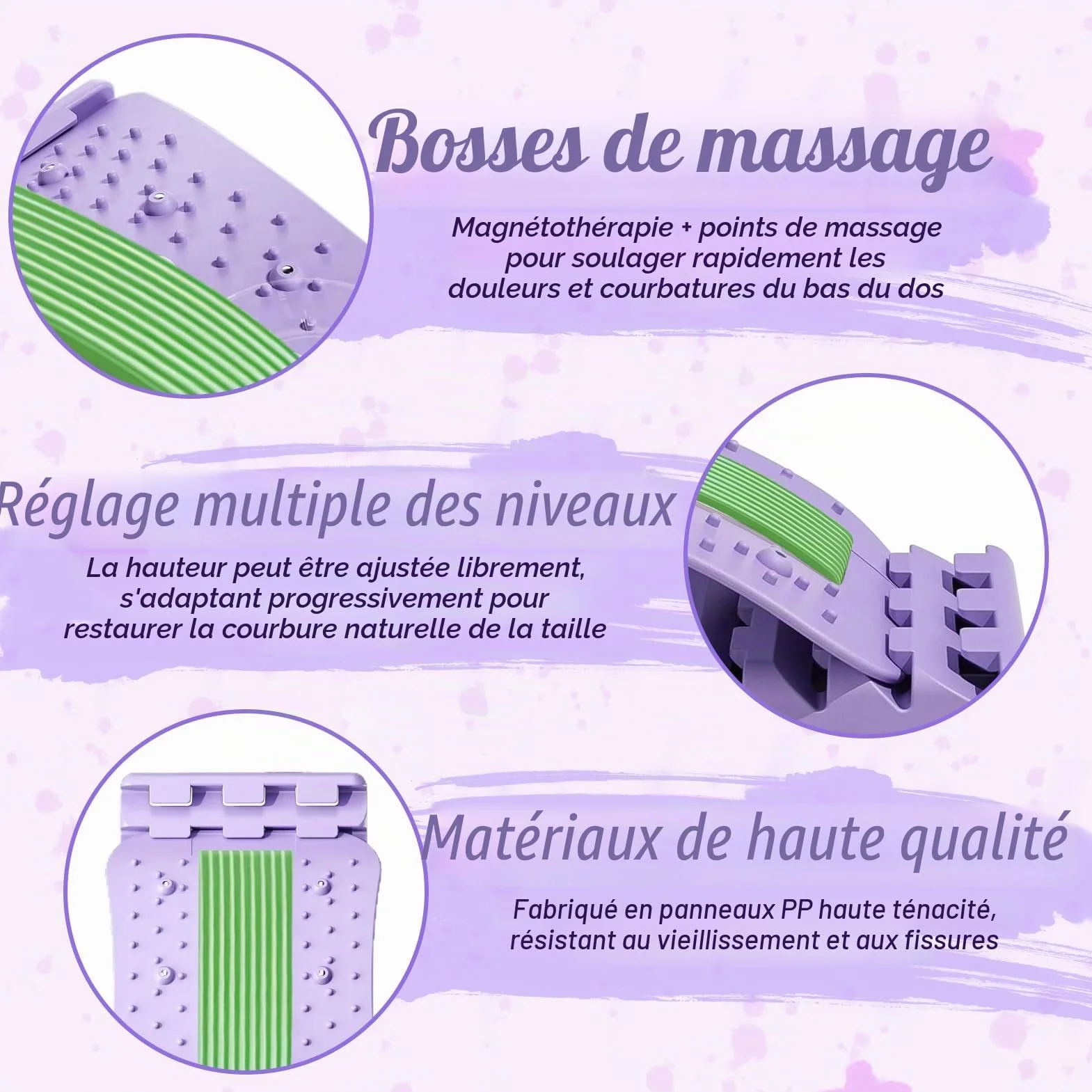 Magic Stretcher Planche de Soutien Lombaire 4 niveaux réglables 10 magnétique Violet