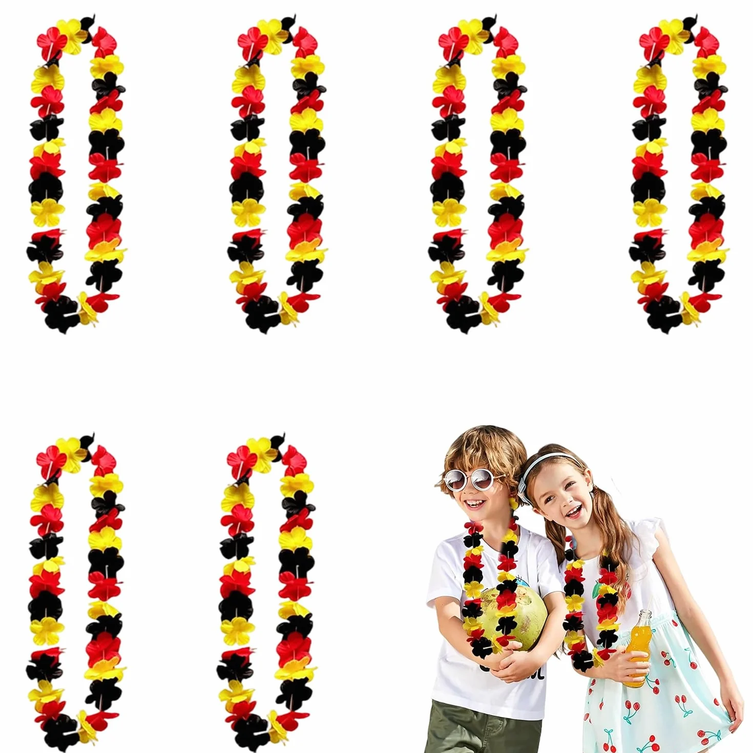 Colliers Hawaïens Fleurs Noir Rouge Jaune 96cm Polyester pour Supporters Football