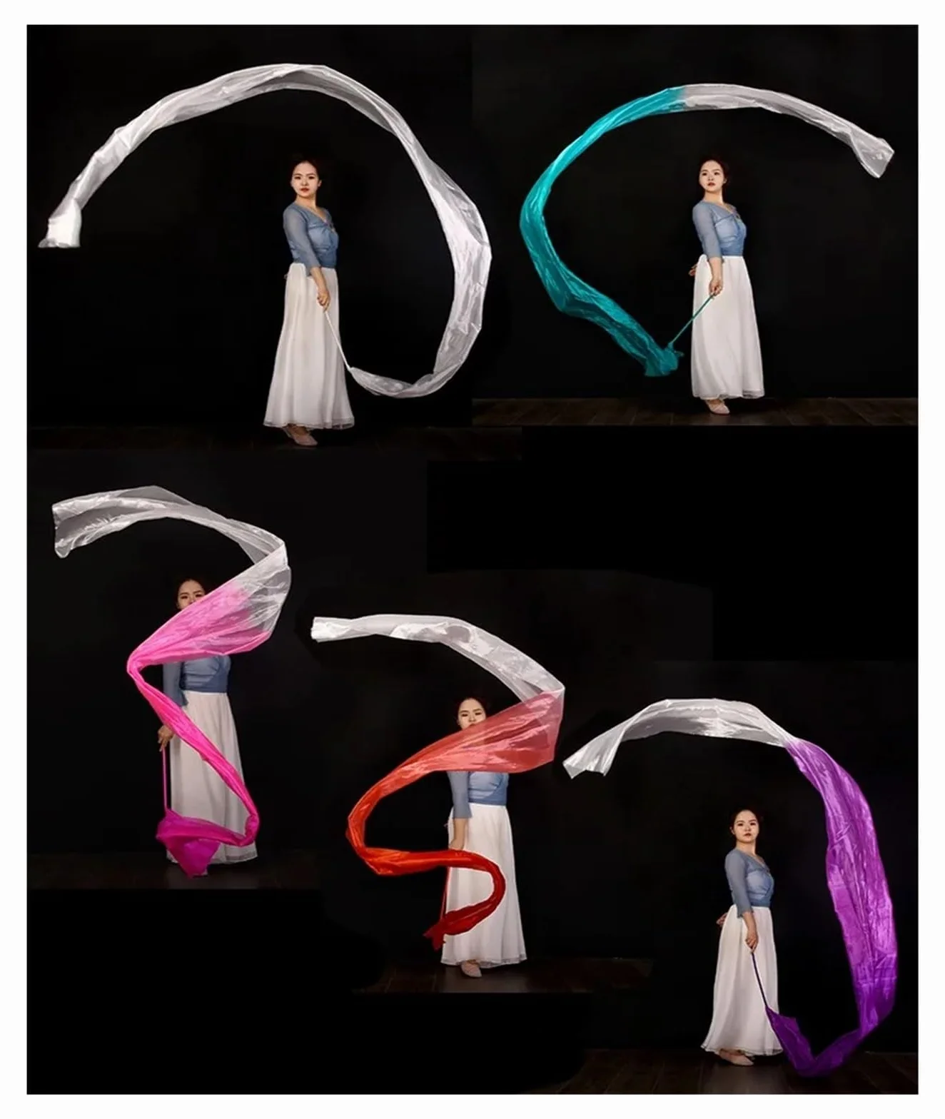 Banderole de Danse en Polyester à Fleurs, Rubans de Gymnastique Rythmique, Bleu Blanc