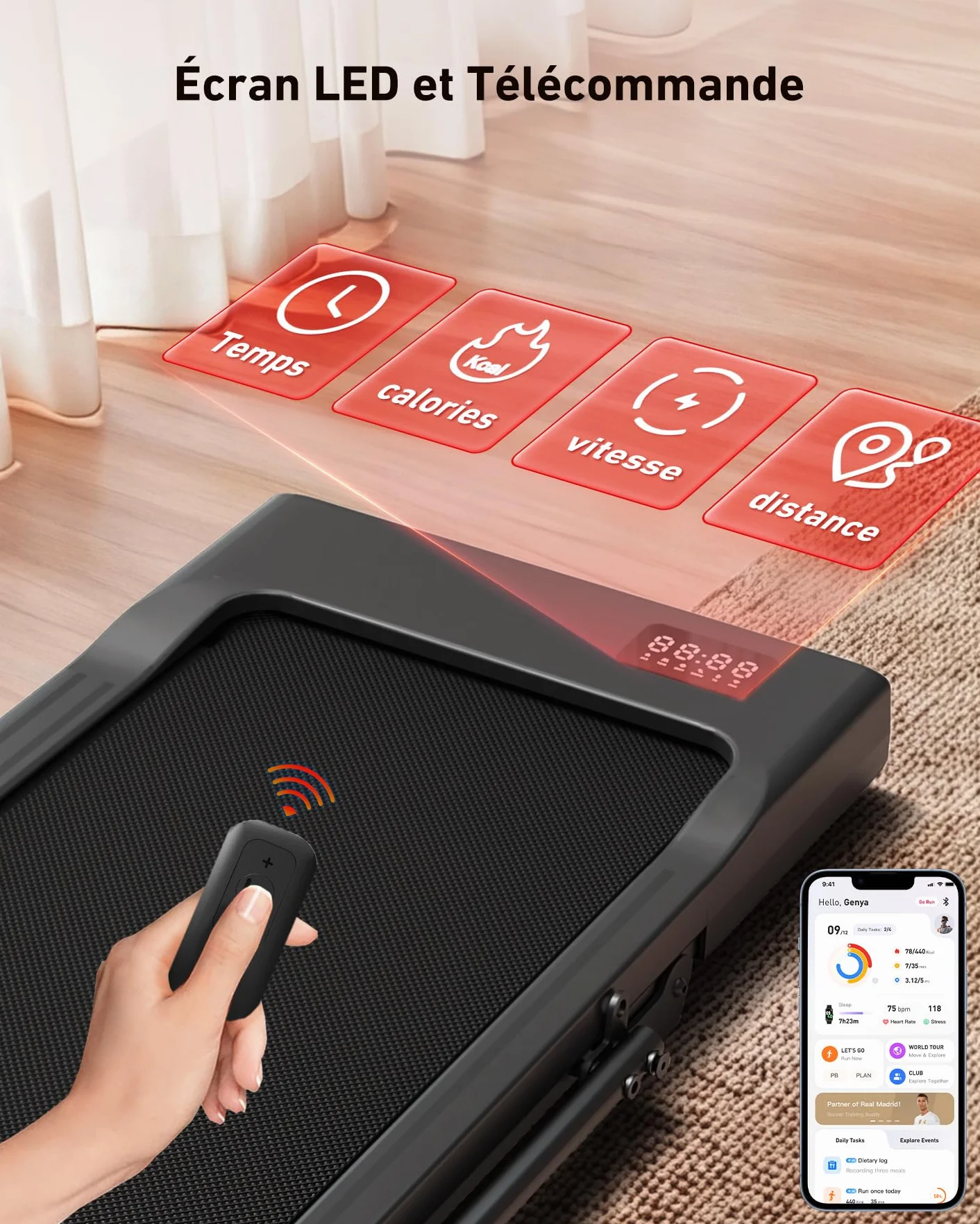Tapis de Course Inclinable 2.5HP 1-12km/h APP Contrôle Max 136KG Walking Pad Portable