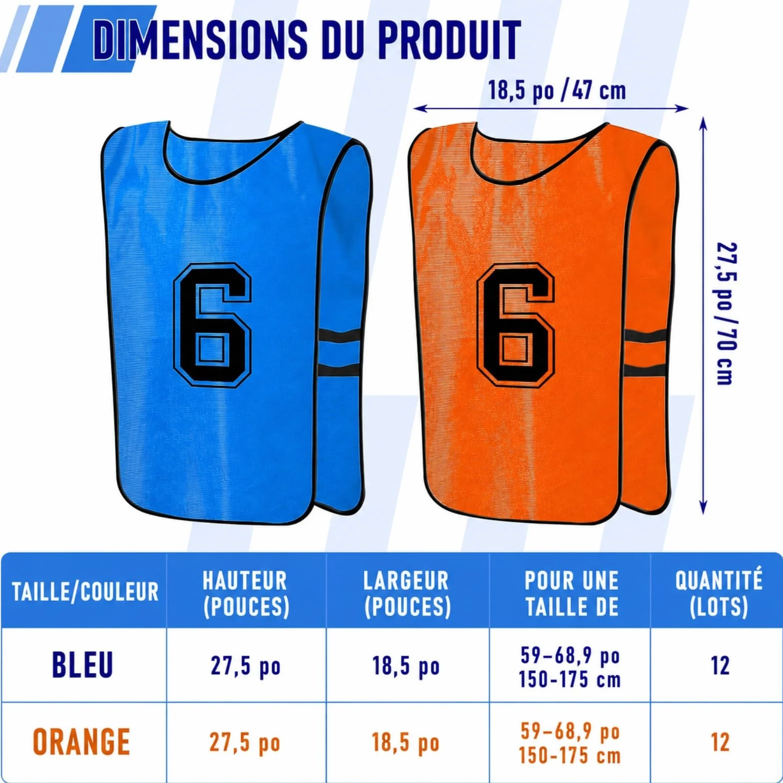 Lot de 12 Chasubles de Football Réversibles Numérotées pour Adultes – Gilets d’Entraînement Respirants – Taille XL – Orange/Bleu