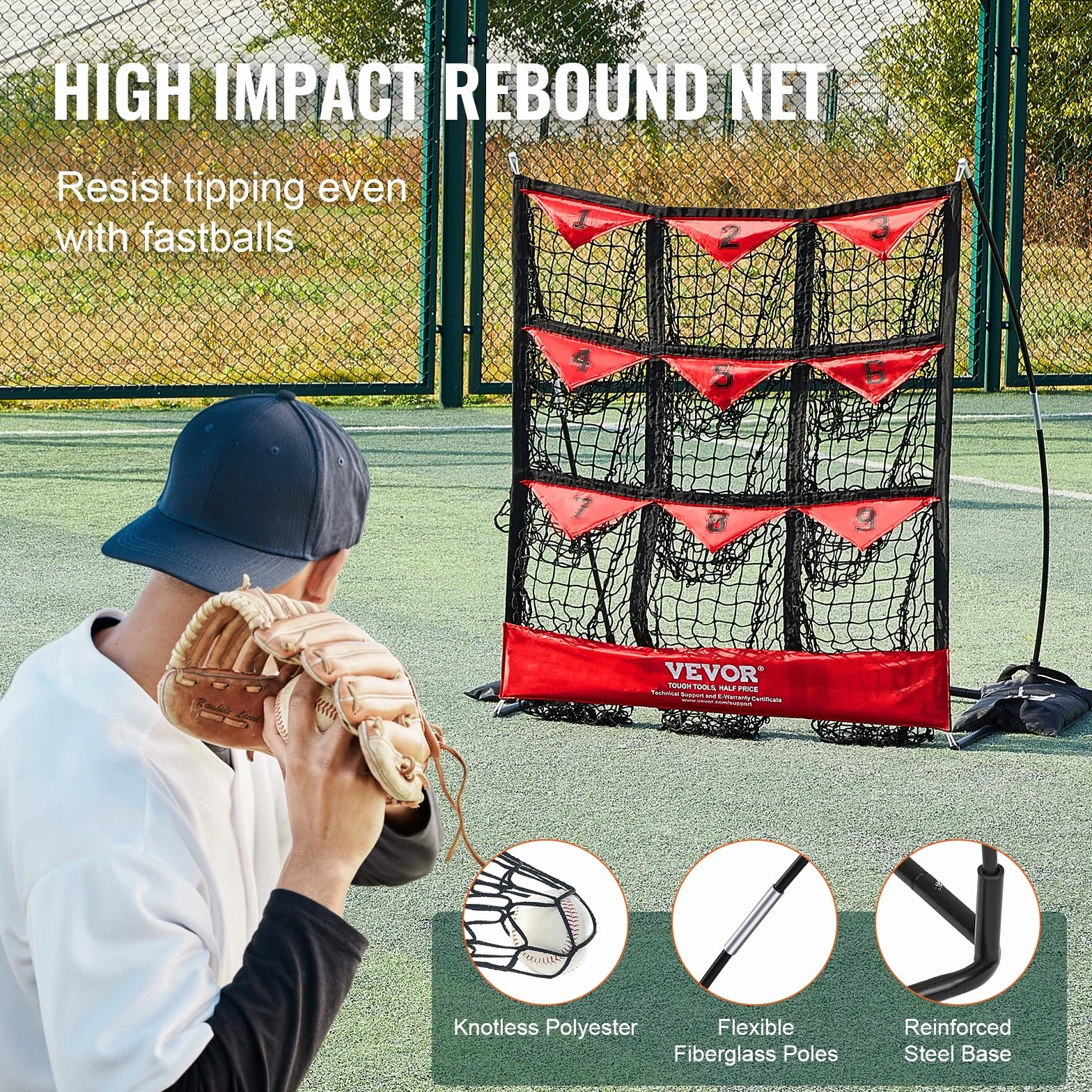 VEVOR Filet d'Entraînement Baseball Softball Pickleball 9 Trous 124,5 x 106 cm Portable avec Sac de Transport