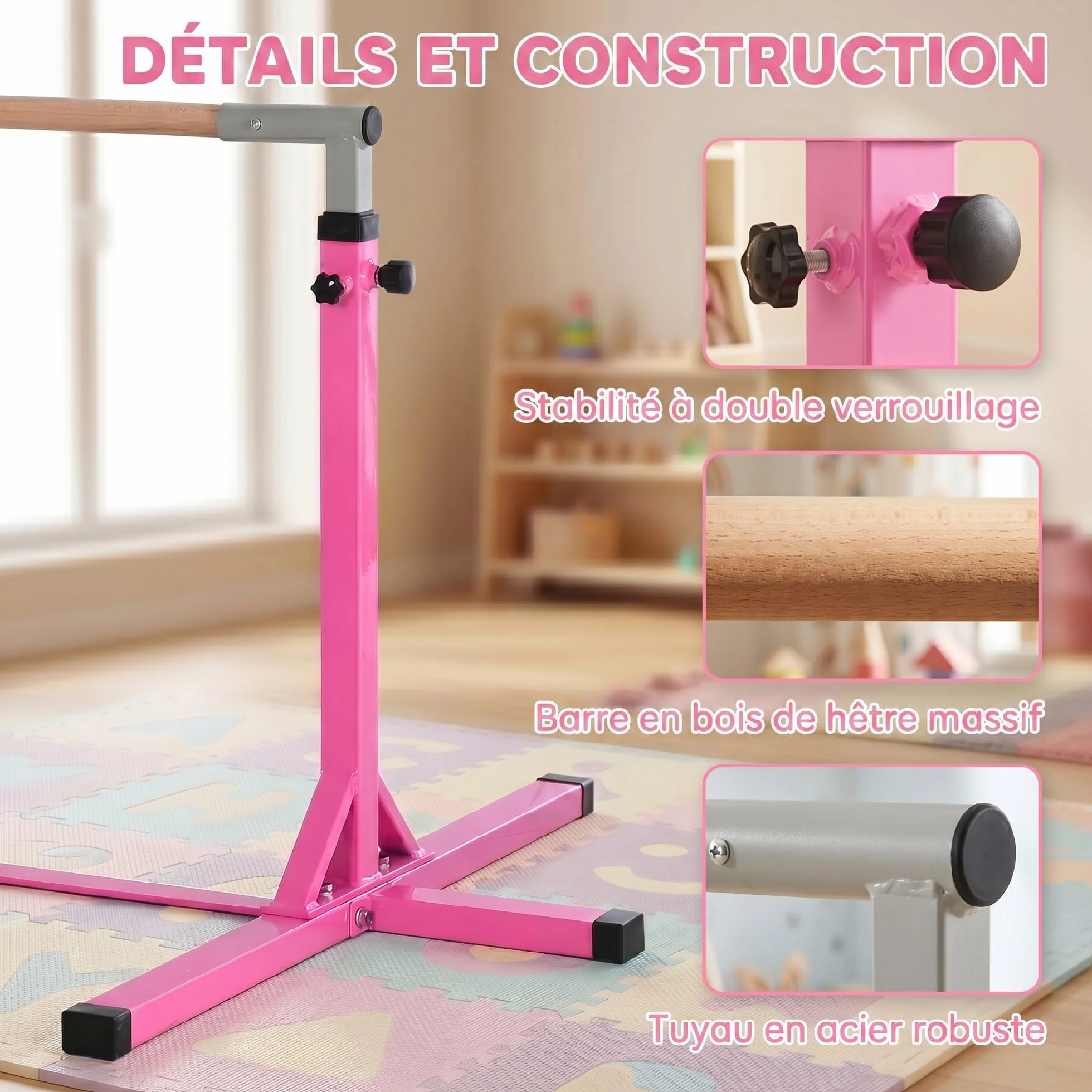 HOMCOM Barre Fixe de Gymnastique Enfant Hauteur Réglable 13 Niveaux 92-150 cm Acier Bois de Hêtre Antidérapant