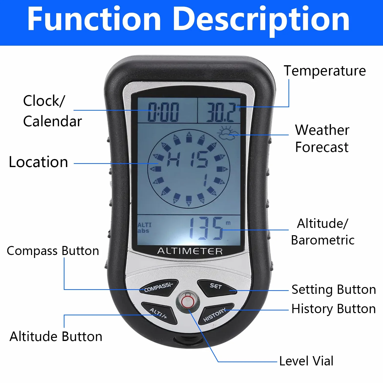 Altimètre numérique 8 en 1 baromètre boussole thermomètre pour alpinisme extérieur 2300-29500 pi 1100 mbar