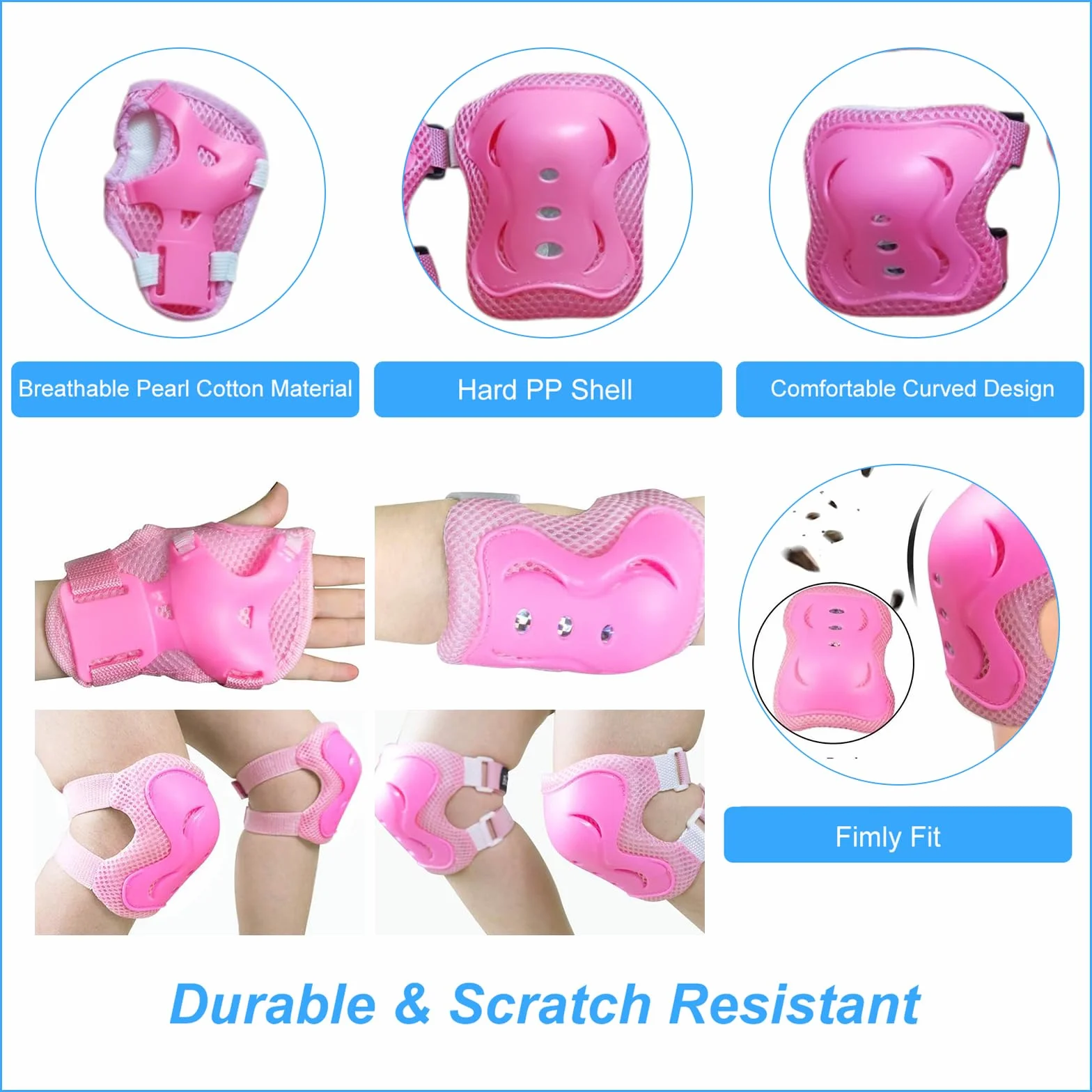 Kit de Protection Enfant 6 Pièces Réglable 3-12 Ans Roller Vélo Skateboard Rose