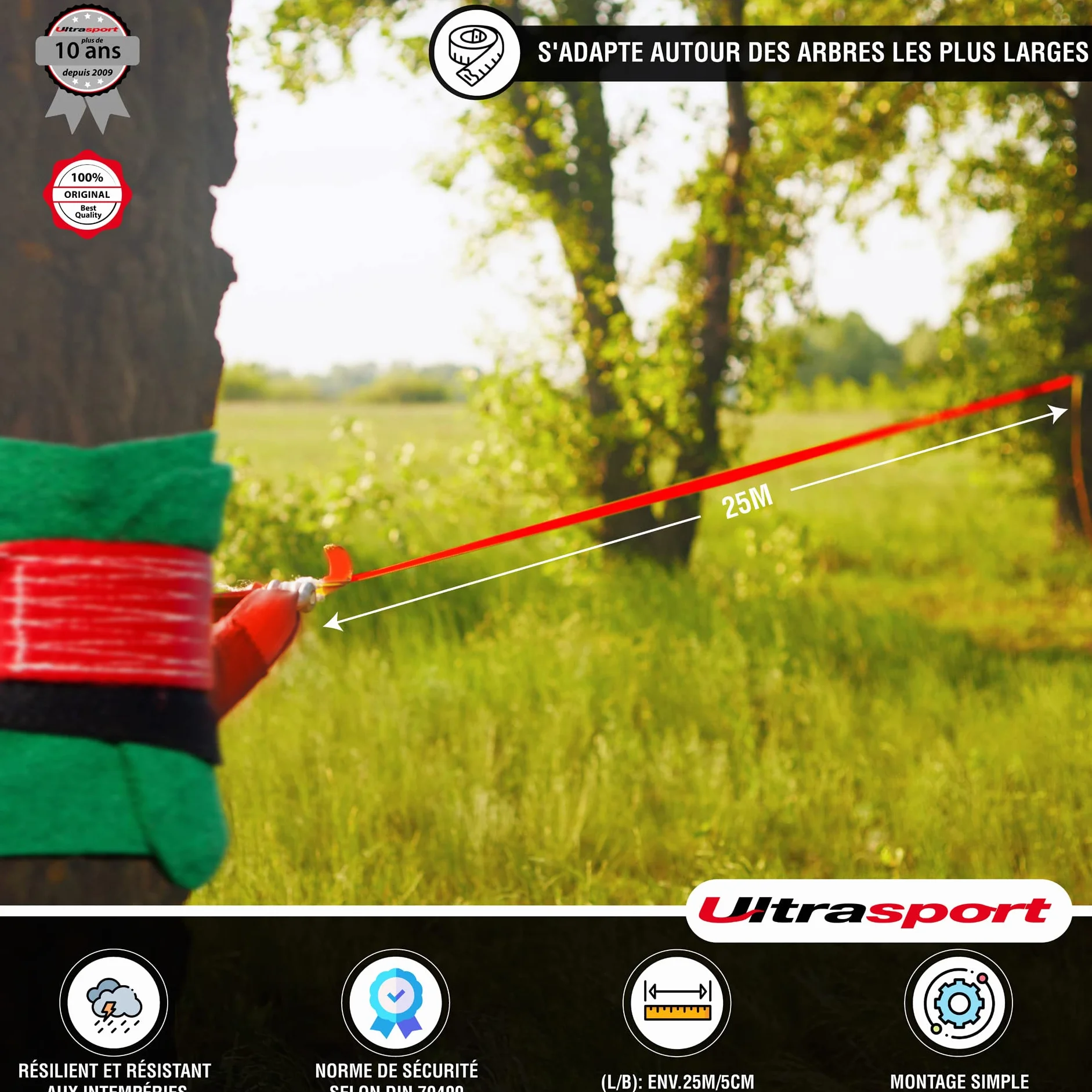 Ultrasport Slackline 15m-25m avec Cliquet et Sac Transport, Jeu Complet Certifié TÜV GS