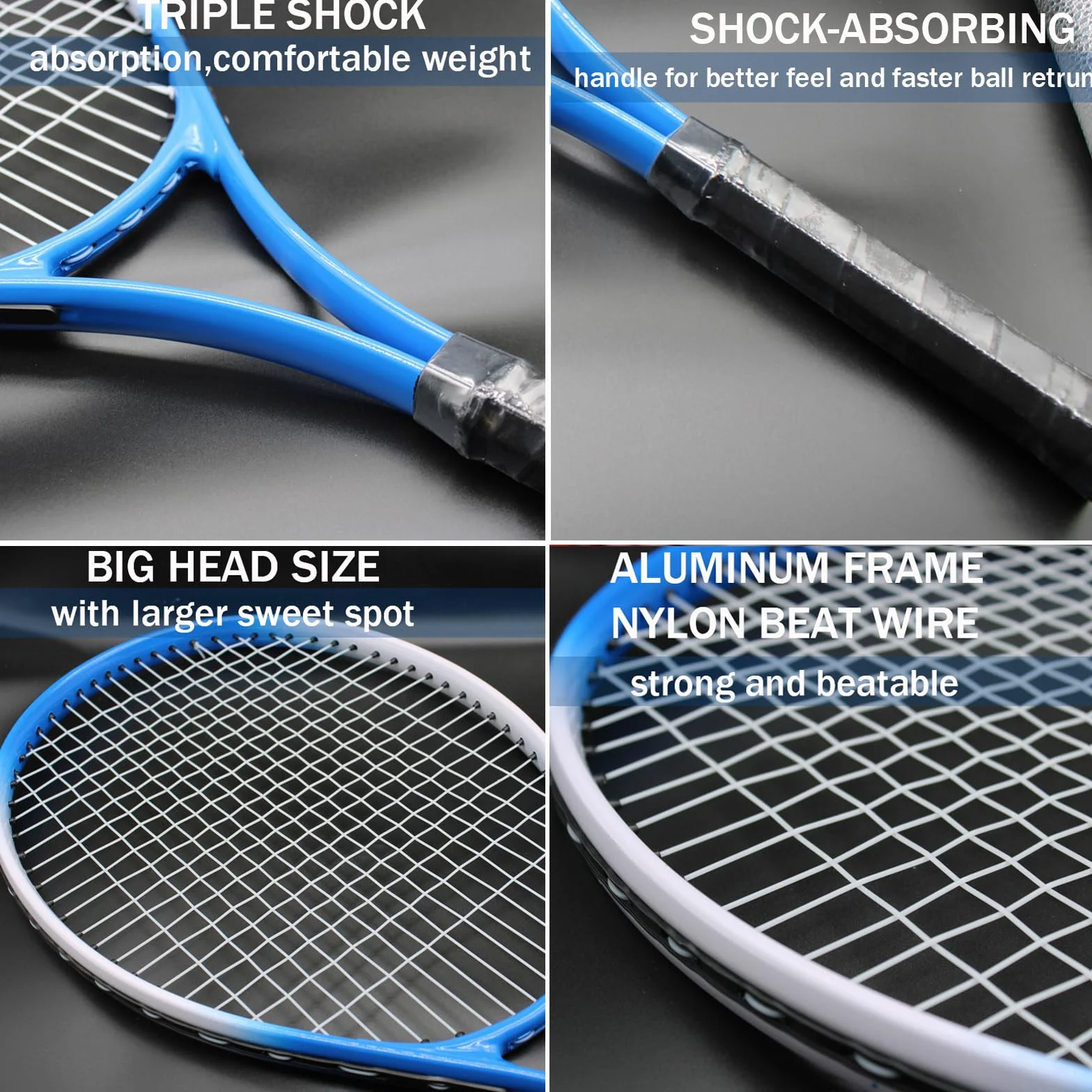 Raquettes de tennis récréatives pour adultes, 2 joueurs avec 4 balles, 3 surpoignées, 1 sac