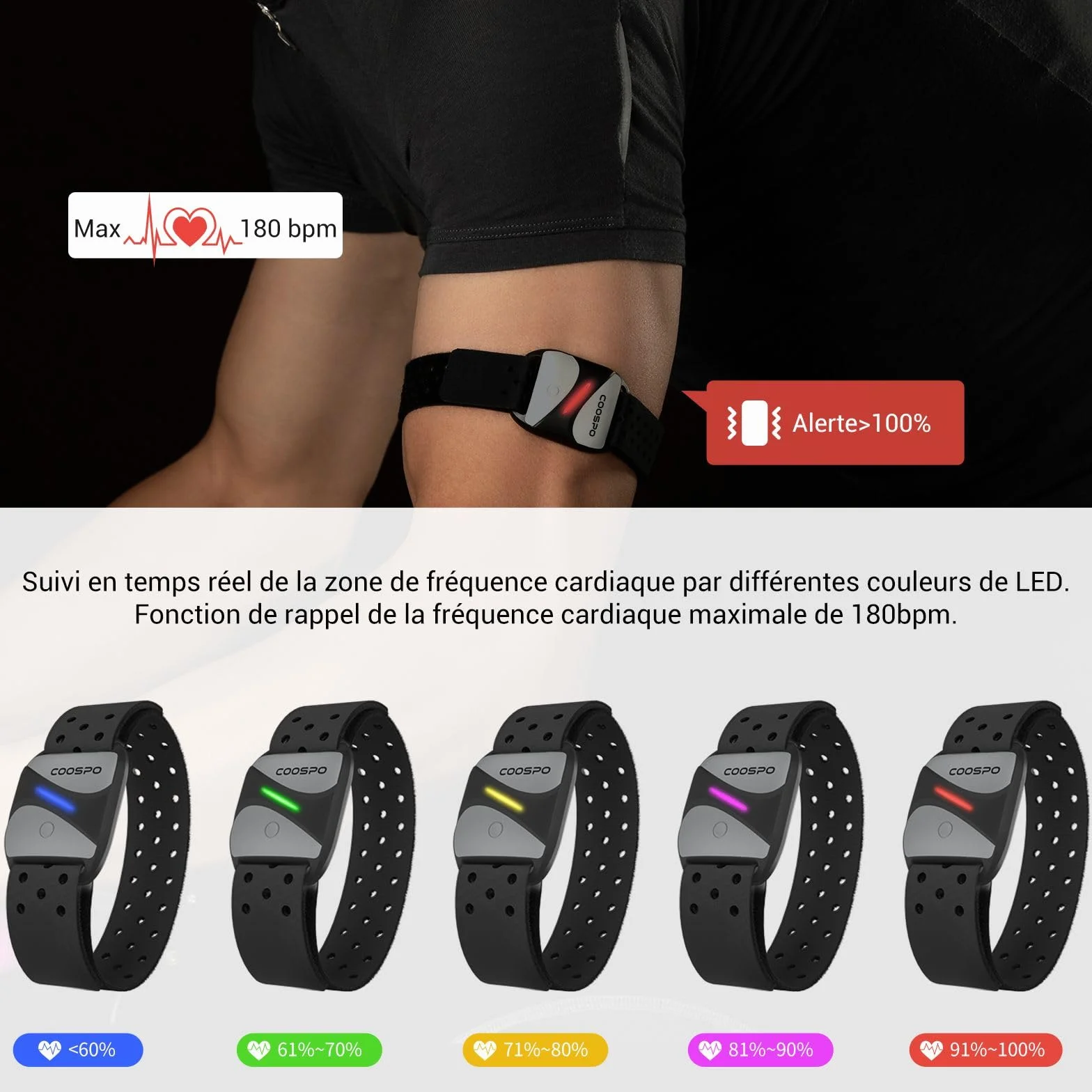 COOSPO HW807 Fréquence Cardiaque Brassard Bluetooth 5.0 Ant+ HRV Zone d'entraînement
