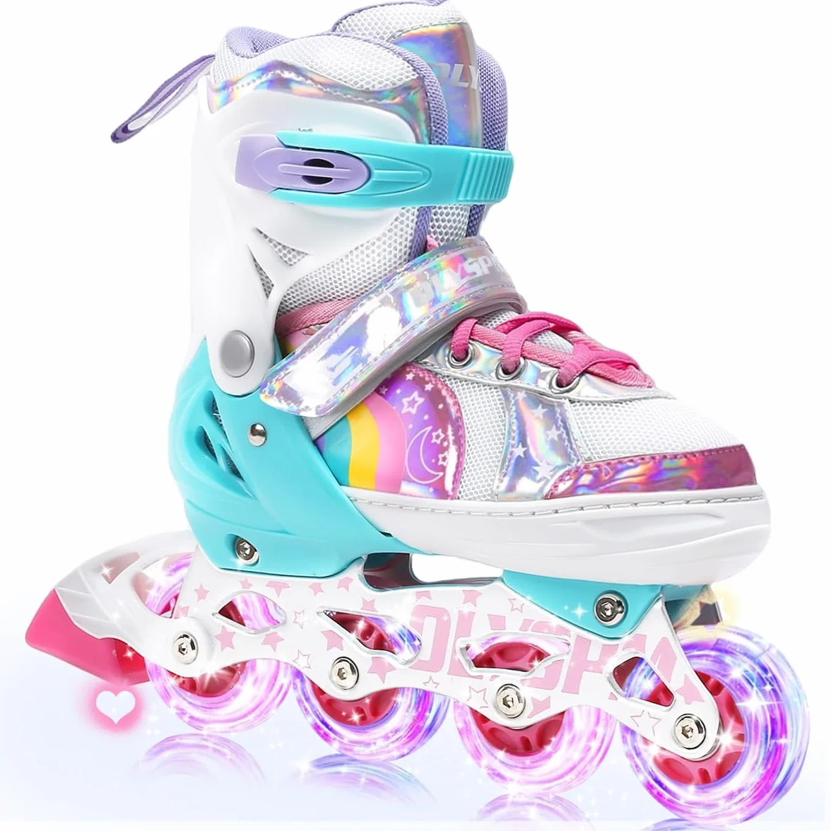 Patin à Roulettes Fille Roues Lumineuses Rollers en Ligne Tailles Ajustables Design Arc-en-Ciel Cadeau Anniversaire Noël Débutants