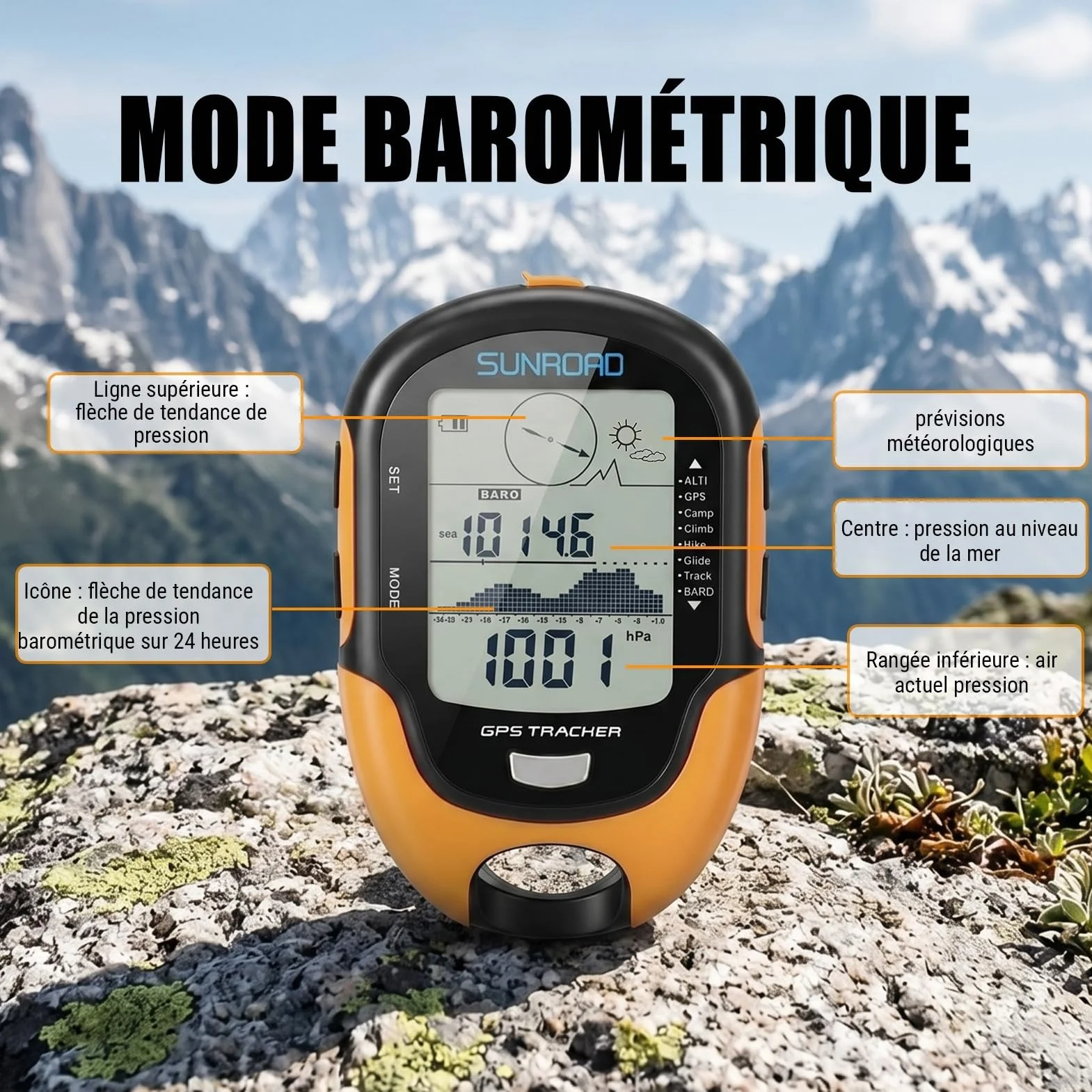 Altimètre Baromètre GPS Haute Précision IPX4 avec Boussole Thermomètre Hygromètre