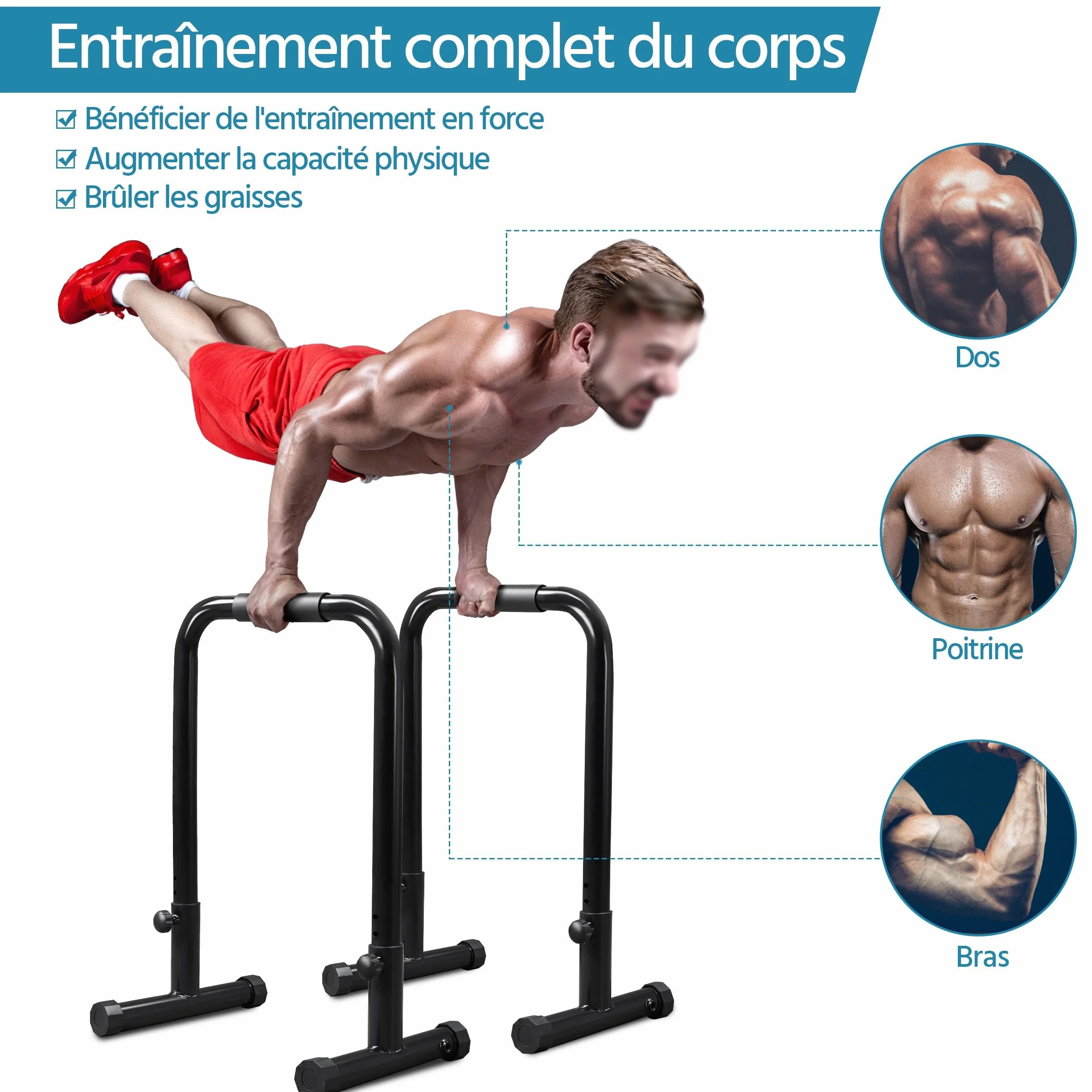 Barres de Dips Ajustable, Barres Parallèles Gym, Station de Musculation pour Tractions, Pompes, Charge Maximale 227kg