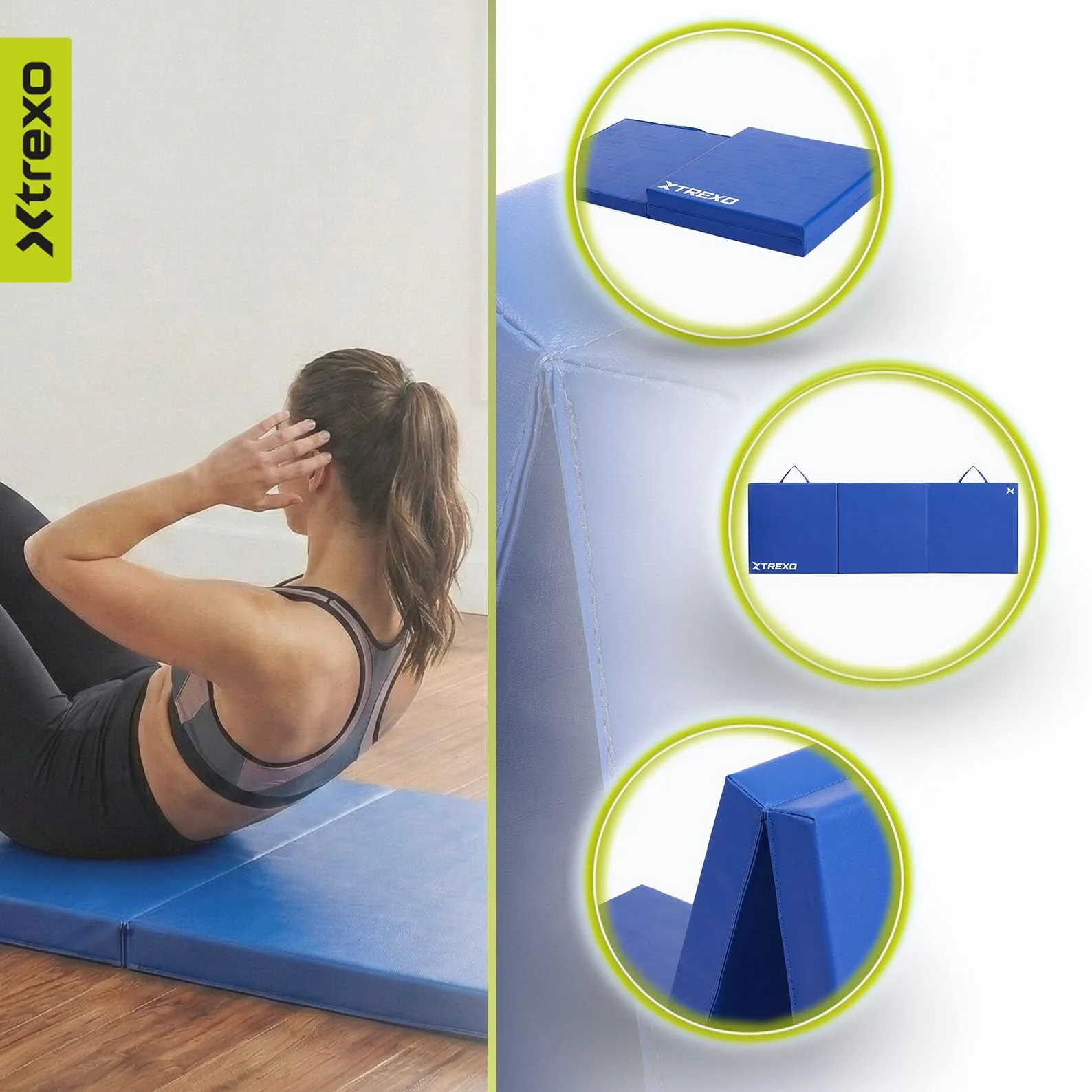 Tapis de Gymnastique Pliable TREXO 180 x 60 x 5 cm 3-Panneaux Mousse EPE Bleu