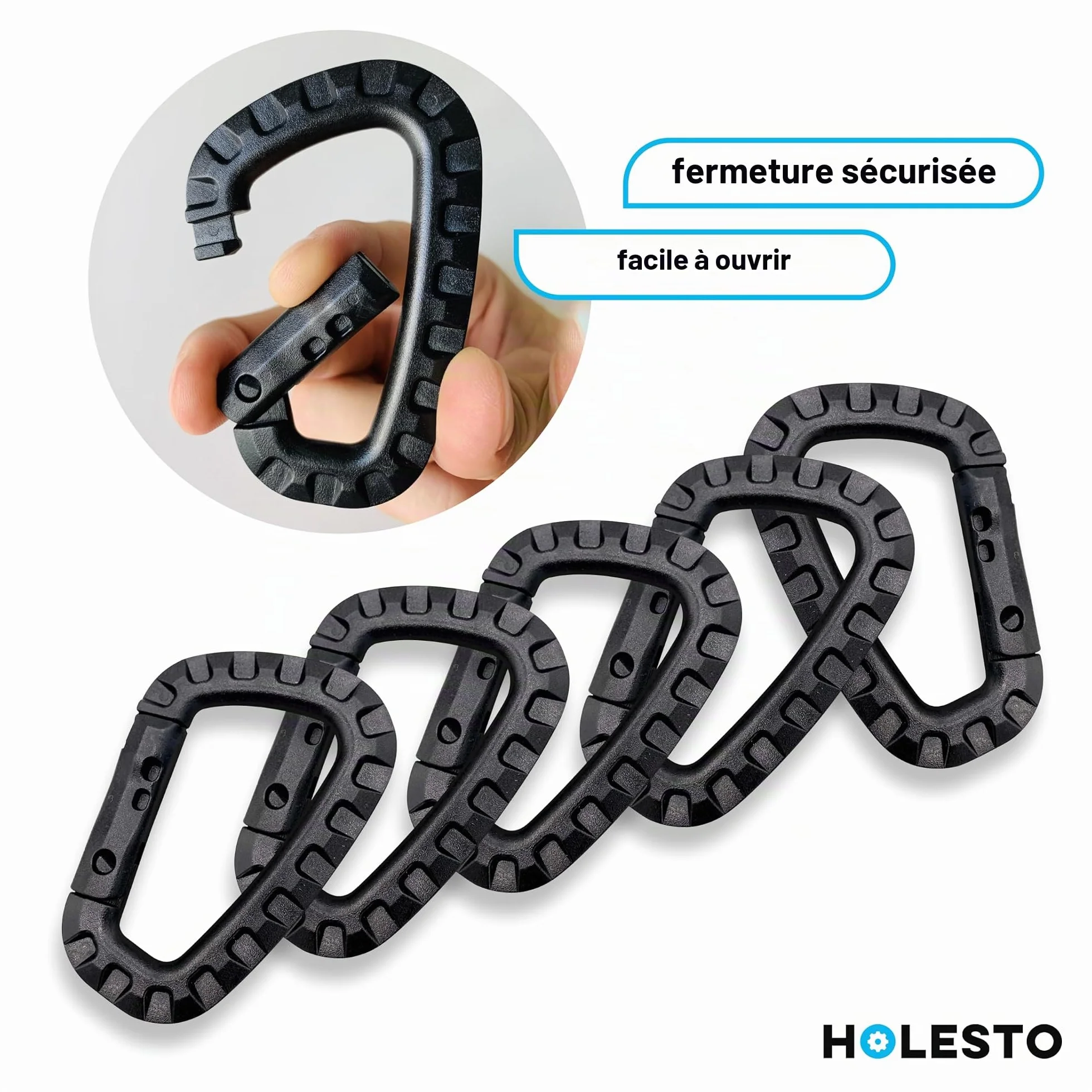 Mousquetons en Plastique Lot de 5 – Mousqueton Tactique Militaire Noir avec Fermeture à Ressort – Carabiner en Forme de D pour Sac à Dos, Camping