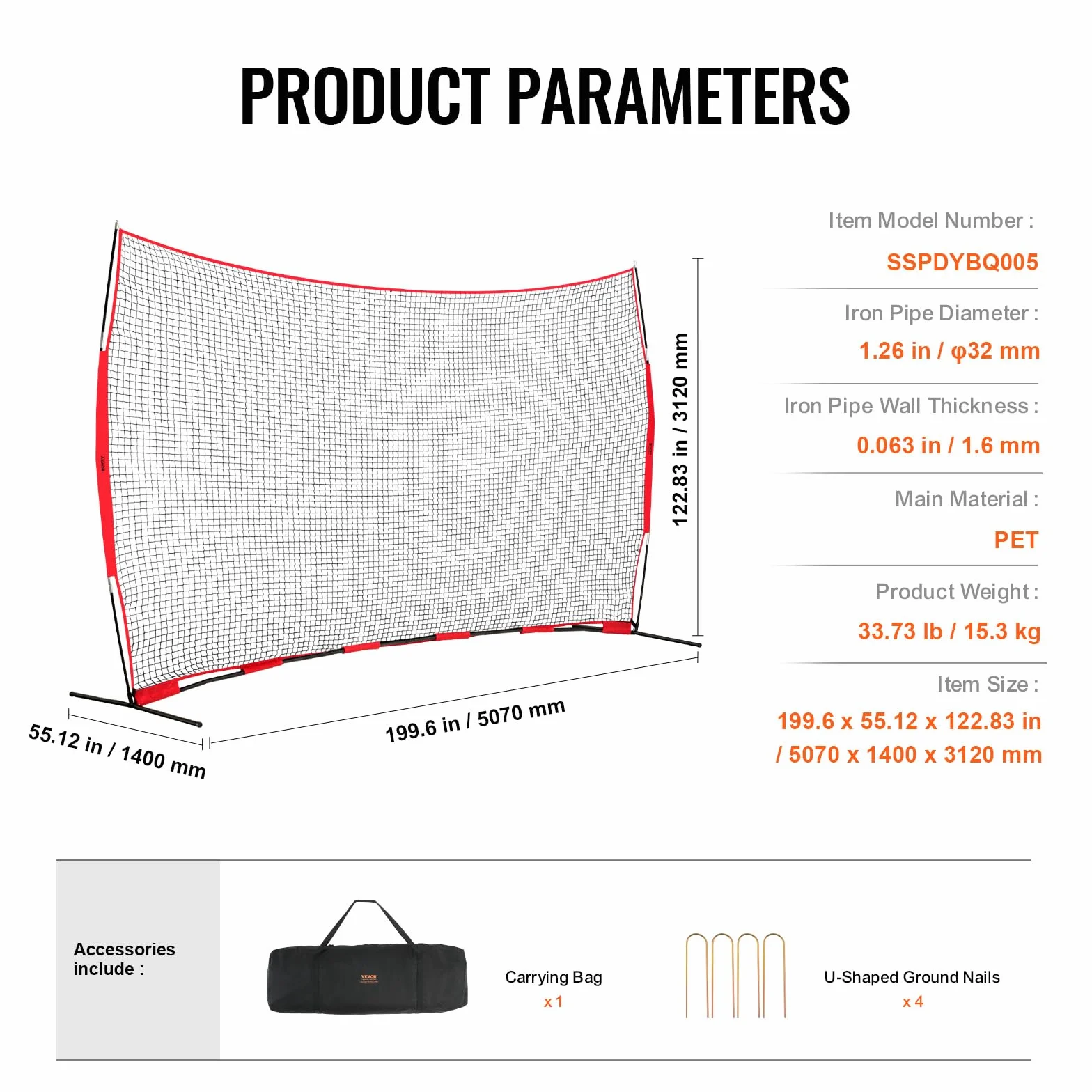VEVOR Barricade Backstop Filet de Protection Portable avec Sac de Transport, écran de Protection pour Baseball, Softball, Lacrosse, Football, Hockey, pour arrière-Cour