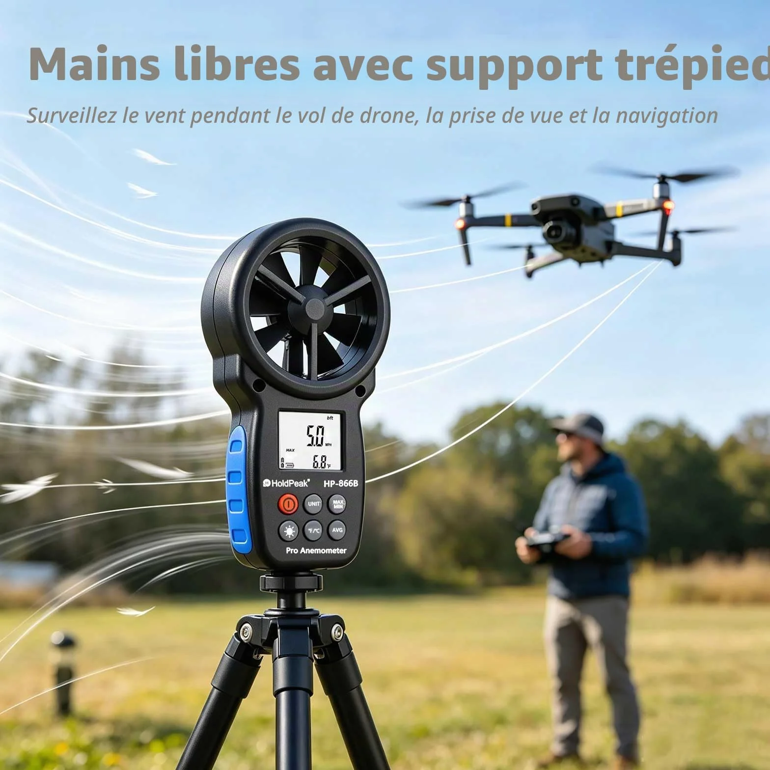 Anémomètre Portable Numérique Haute Précision HP-866B Mesure Vitesse du Vent Température