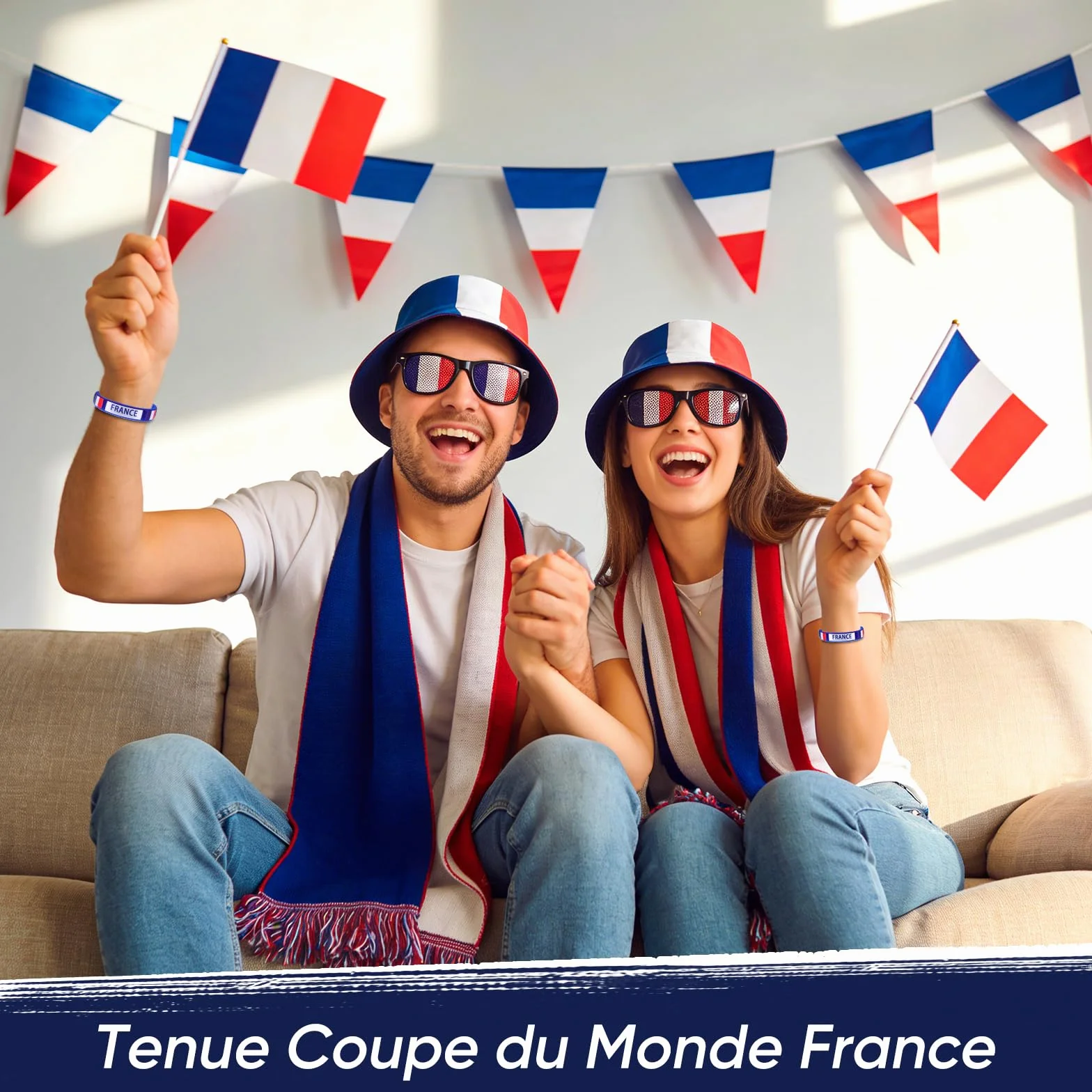 Kit Supporter France Football 6 Pièces Chapeau Pêcheur Polyester Lunettes Drapeau Pavillons Main Bracelet Tricolore