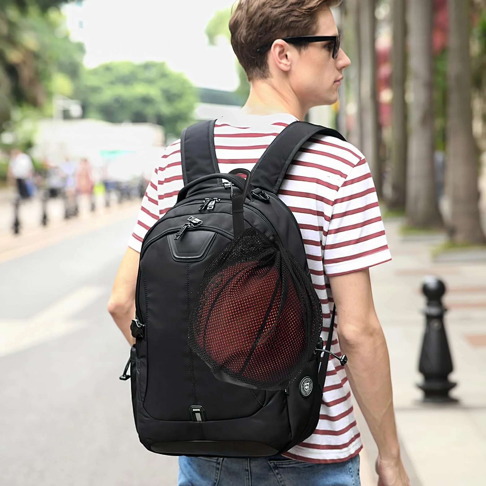 Sac à Ballon Portable avec Filet pour Basket-Ball, Football, Volleyball - Gris