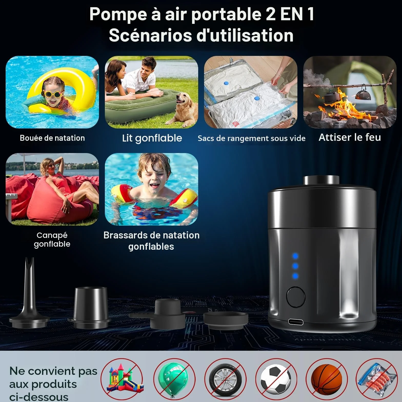 Mojimdo Pompe à Air Électrique Portable Rechargeable 2-en-1 avec 4 Embouts et Sac de Rangement pour Matelas Gonflable, Piscine