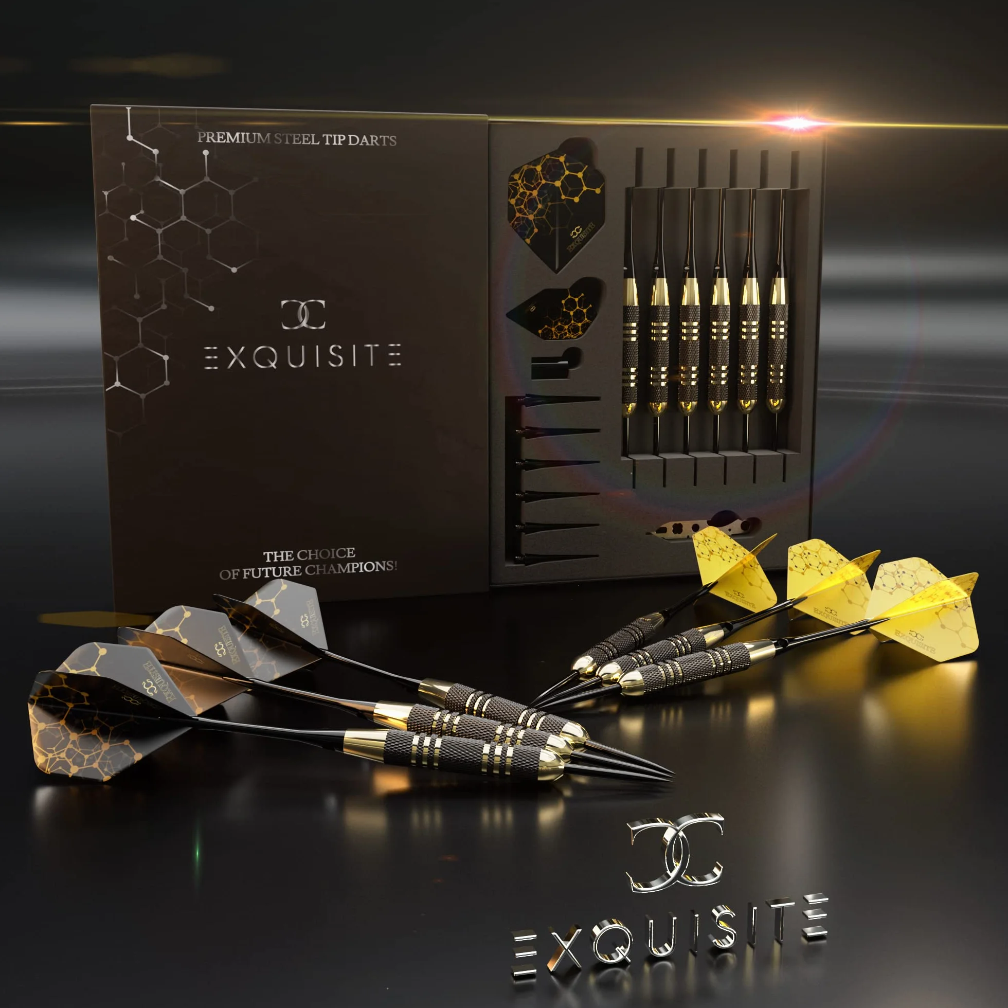 CC-Exquisite Professional Steel Tip Darts Set - 6 x 22g Brass Barrels with 12 Flights, 12 Aluminium Shafts, 12 O-Rings, Dart Sharpener & Case