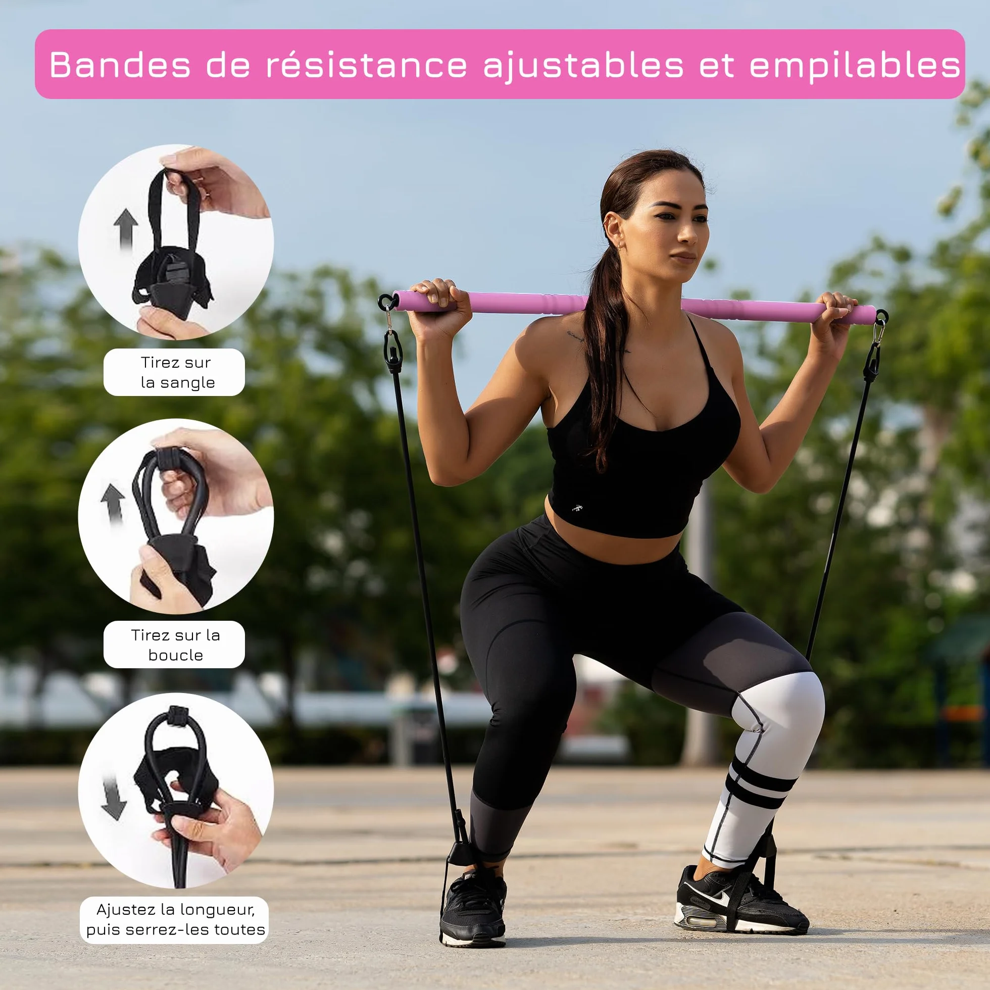 Breaking Limits Ensemble de Barres de Pilates Réglable avec 6 Bandes de Résistance pour Entraînement Complet du Corps