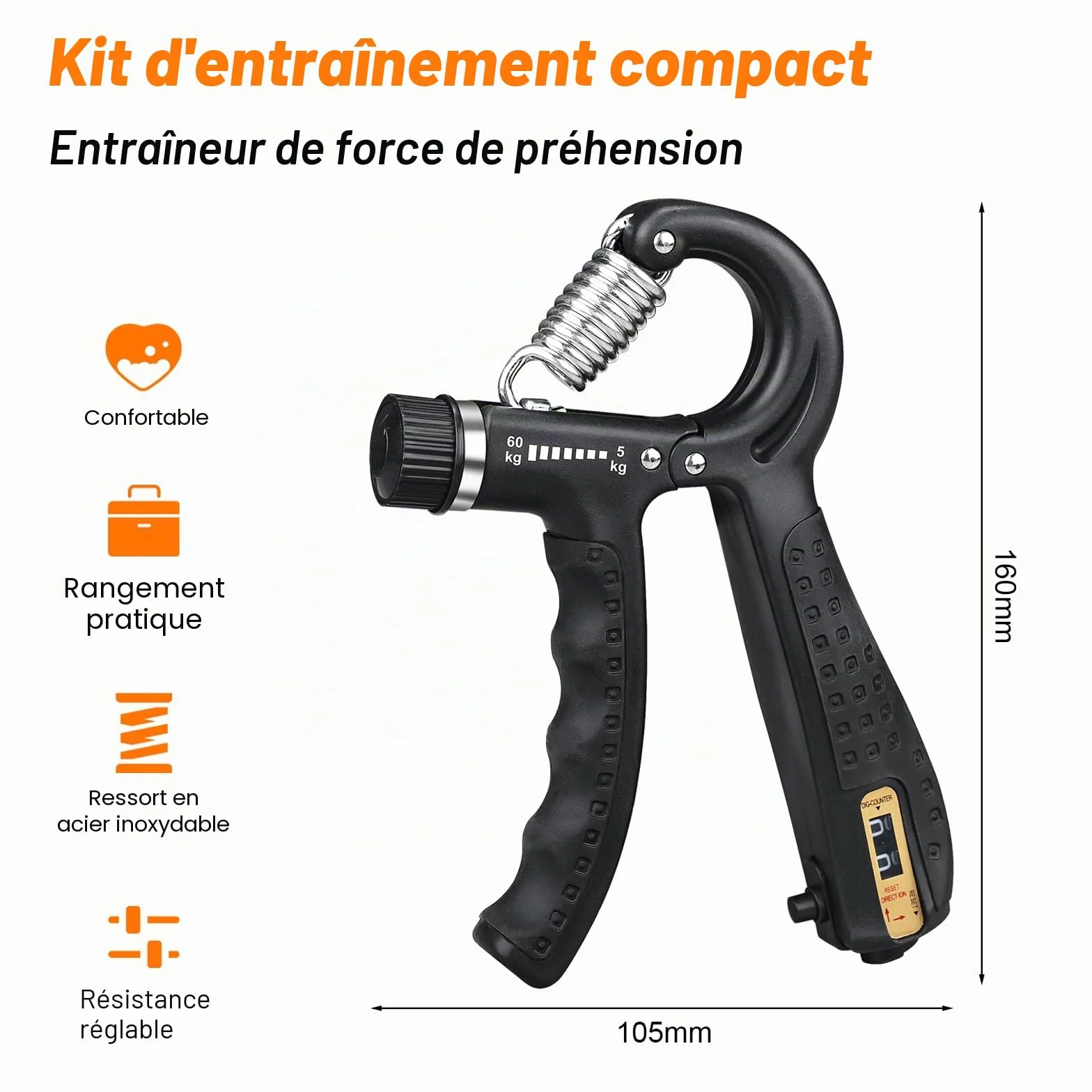 GRIFEMA GA5003 Hand Grip Musculation avec Compteur, Résistance Réglable 5-60kg, Noir