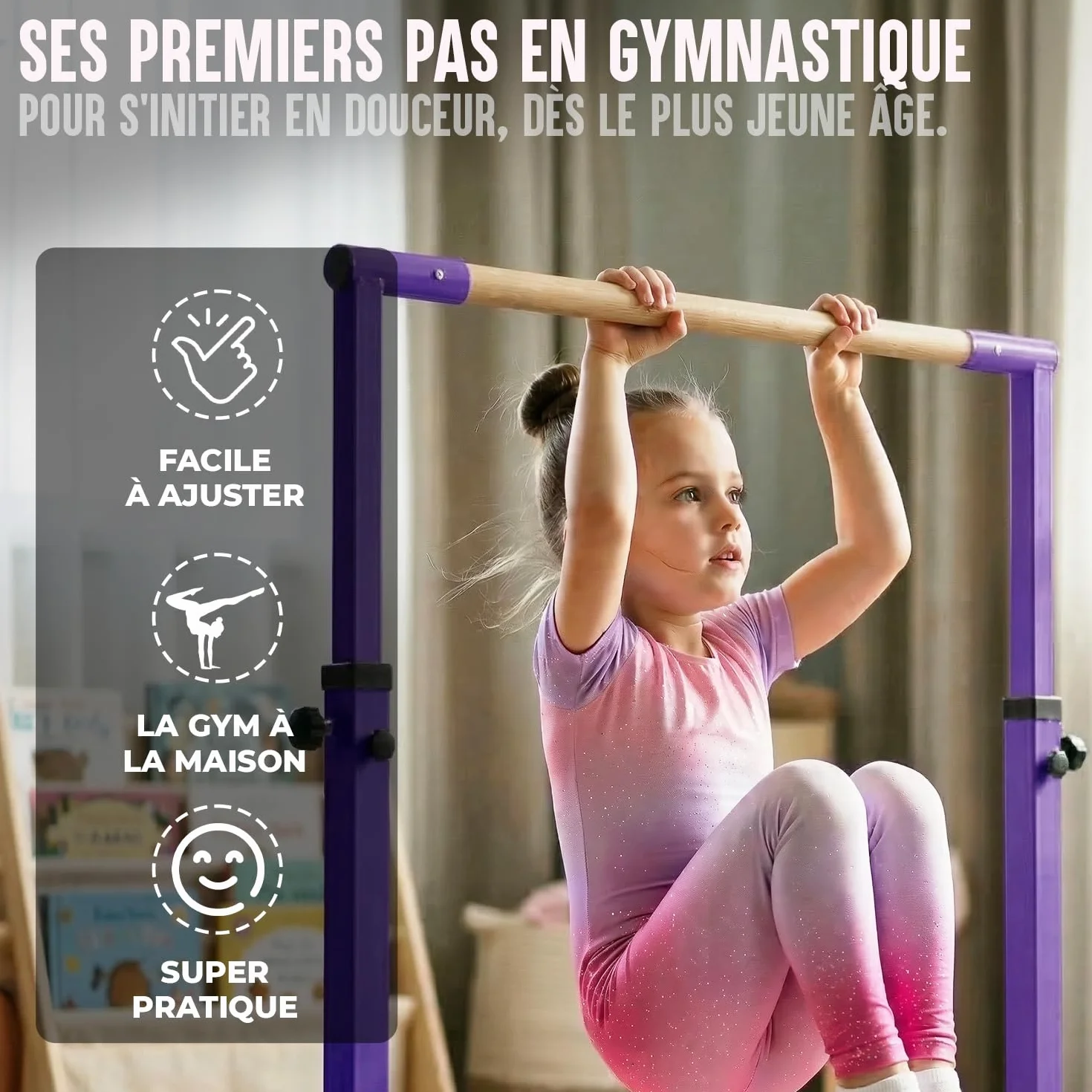 Barre Gymnastique Enfant Violette Gym Bar® 90-150 cm Acier Bois Hêtre Antidérapante Fitness Intérieur Extérieur