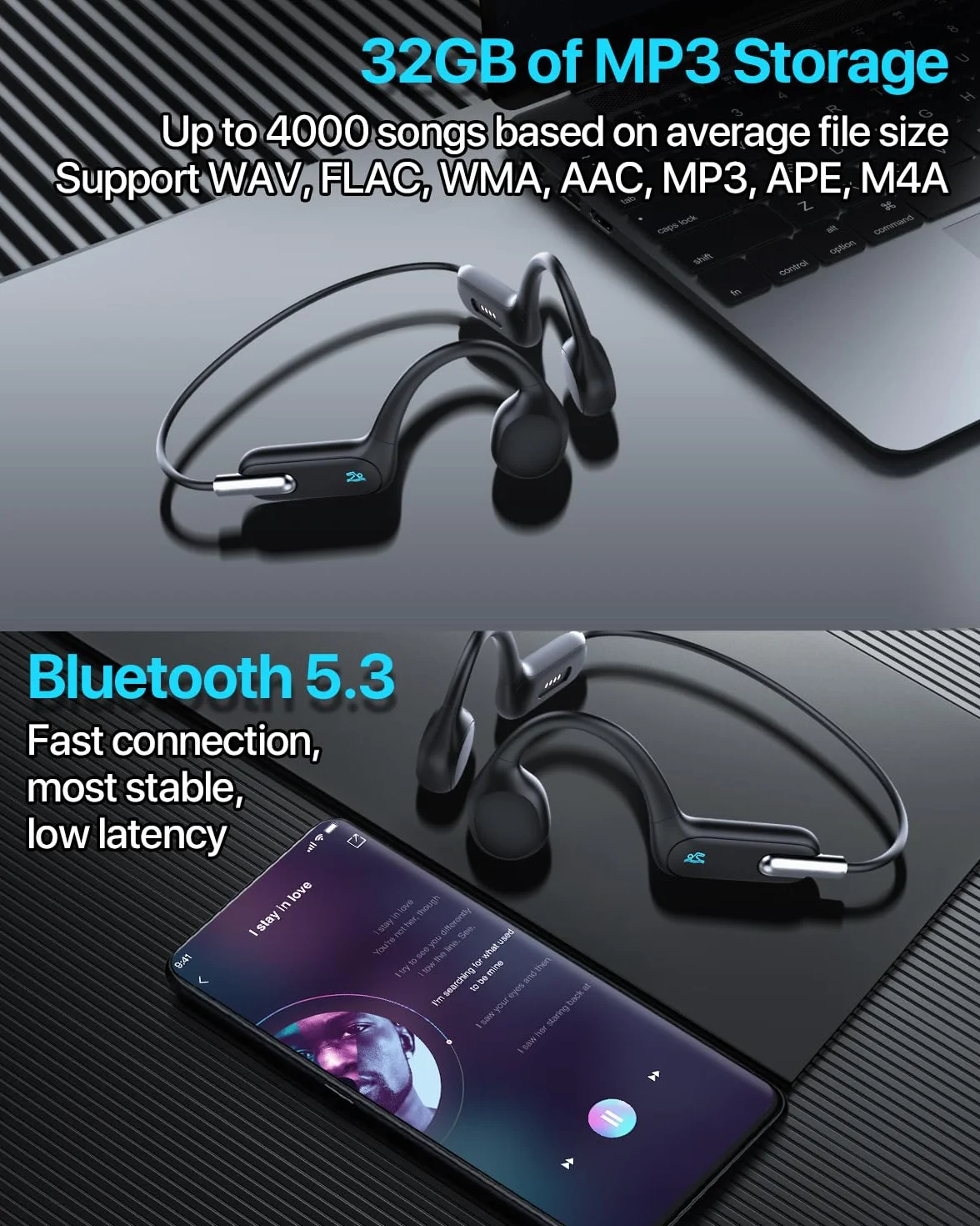 HIFI WALKER Casque à Conduction Osseuse IPX8 Étanche Natation, Écouteurs sans Fil Open-Ear Bluetooth 5.3, Lecteur MP3 32 Go Course Vélo