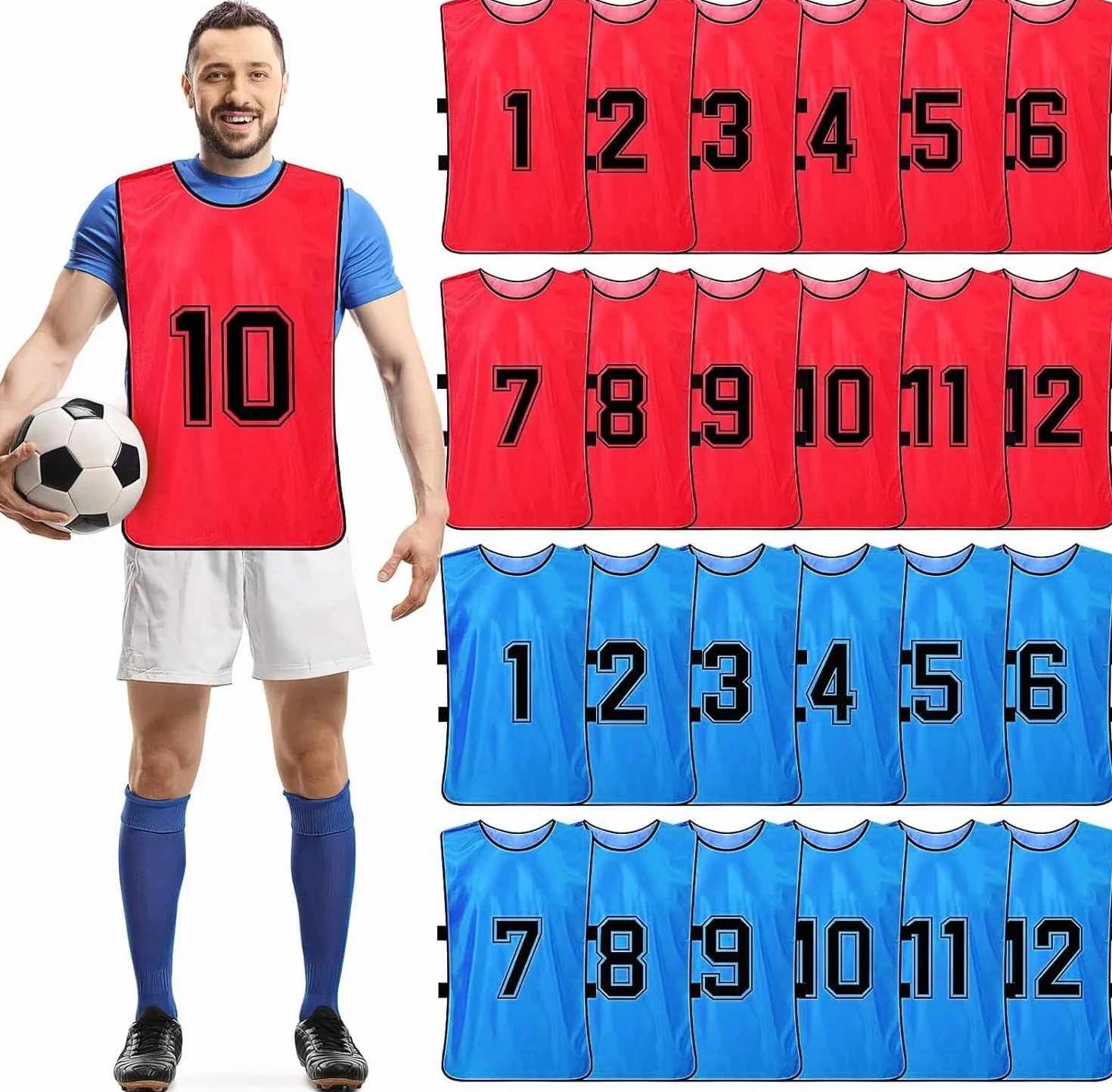 Maillots d'entraînement réversibles numérotés 24 pièces football basket-ball 47x70 cm Rouge/Bleu