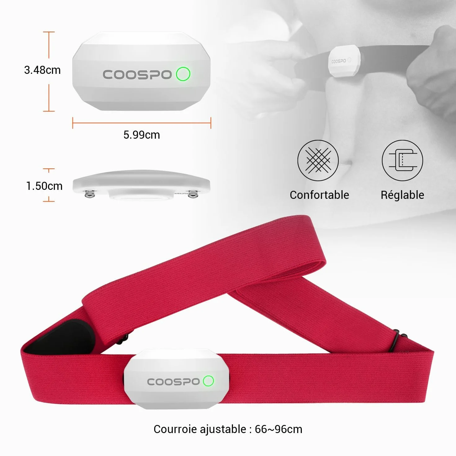 COOSPO H808S Capteur de Fréquence Cardiaque Bluetooth 5.0 Ant+ IP67 Étanche ECG/EKG