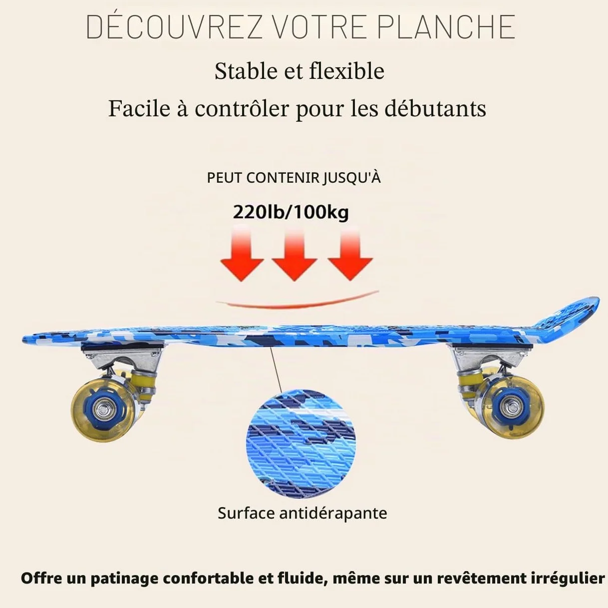 ERNAN Mini Cruiser Skateboard Complet 22" Enfants Roues LED