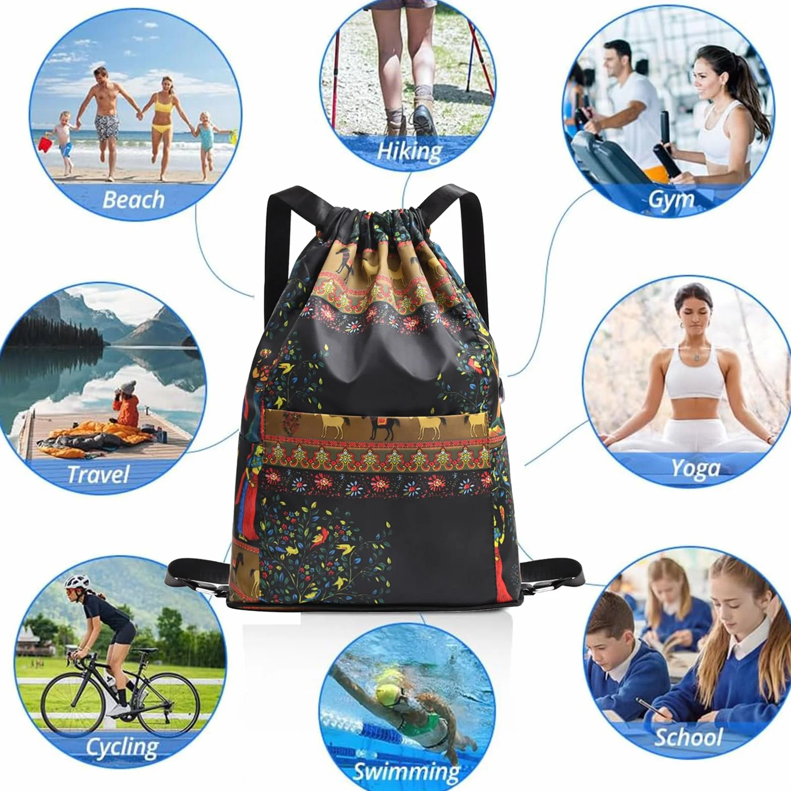 Sac de Sport à Cordon Grand, Sac à Dos de Voyage Imperméable Pliable avec Séparation Sec-Humide