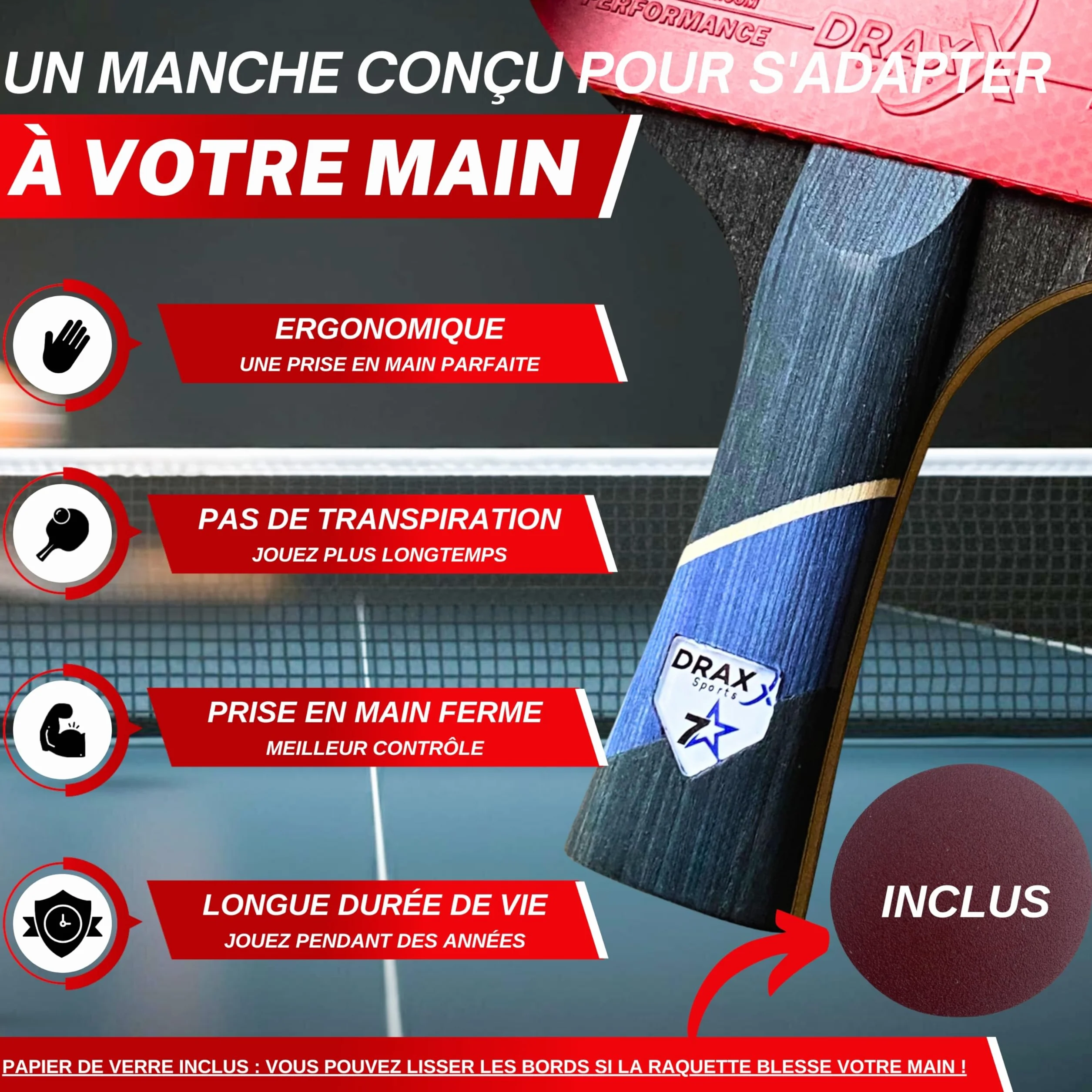 Raquette de Ping Pong 7 Étoiles Carbone Pro Ultra-Légère Éponge 2mm Housse Offerte