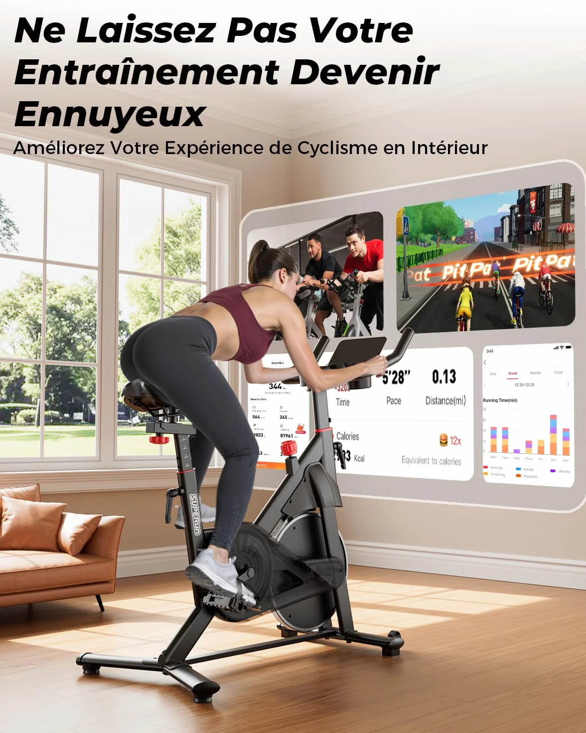 Superun Vélo d'Appartement 32 Niveaux Résistance Magnétique Connecté APP Charge Max 136KG