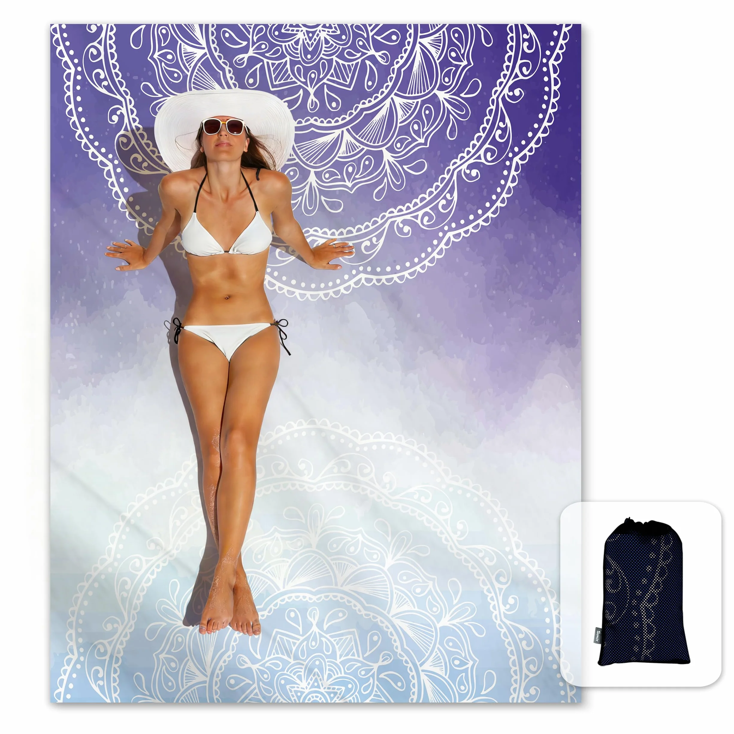 Couverture de Plage Anti-Sable 215,9 x 182,9 cm avec Poches d'angle et Sac en Maille, Motif