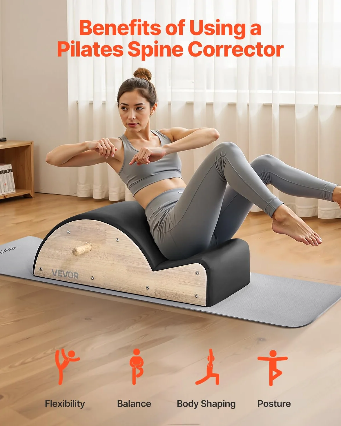VEVOR Correcteur de Colonne Vertébrale Pilates, Arc Pilates en Bois d'Hévéa, Accessoire Yoga, Exercices Équilibre Étirement Renforcement Tronc