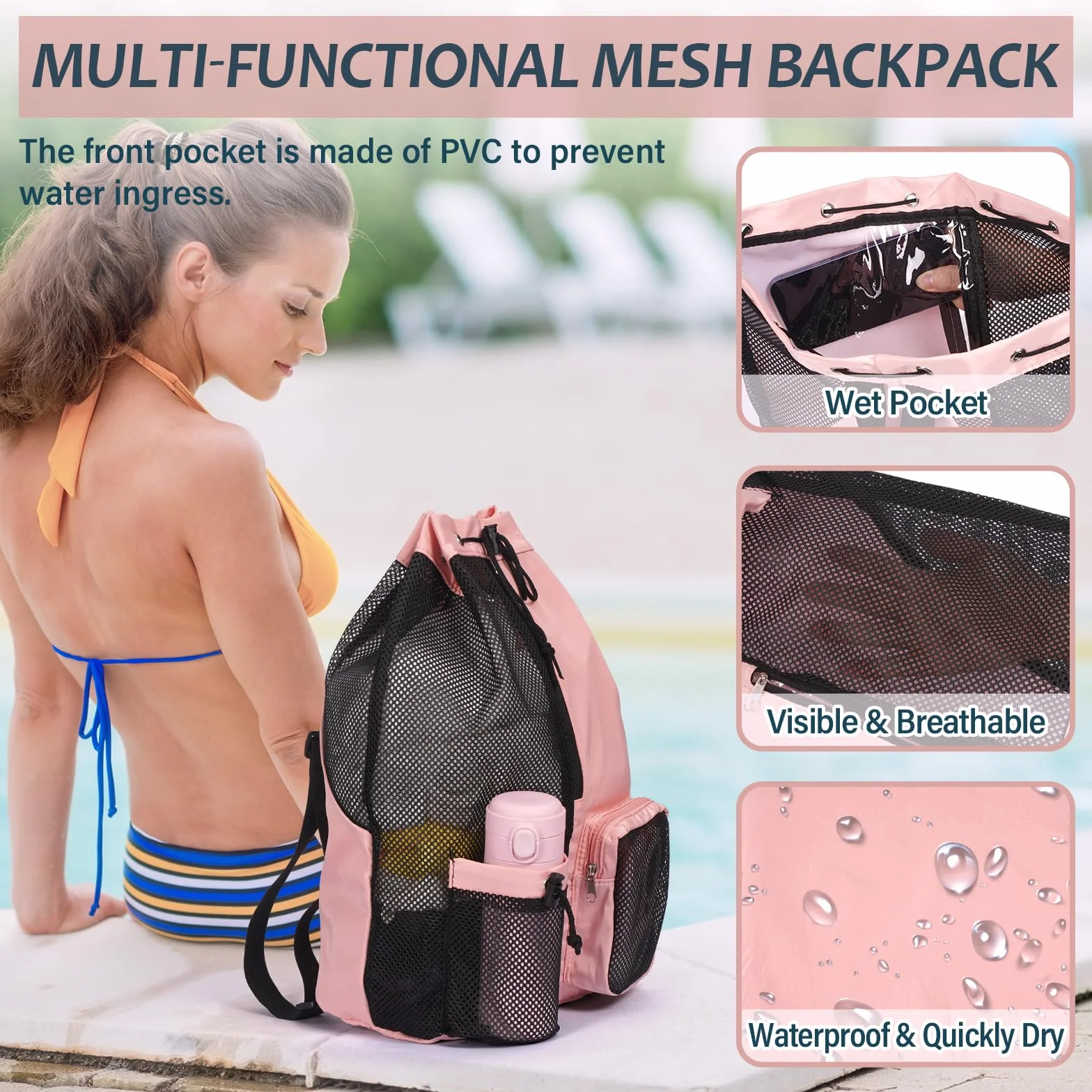 Sac Piscine Résistant à l'eau Sac Cordon Séparation Humide et Sèche, Sac de Sport en Maille pour Natation Gym Plage