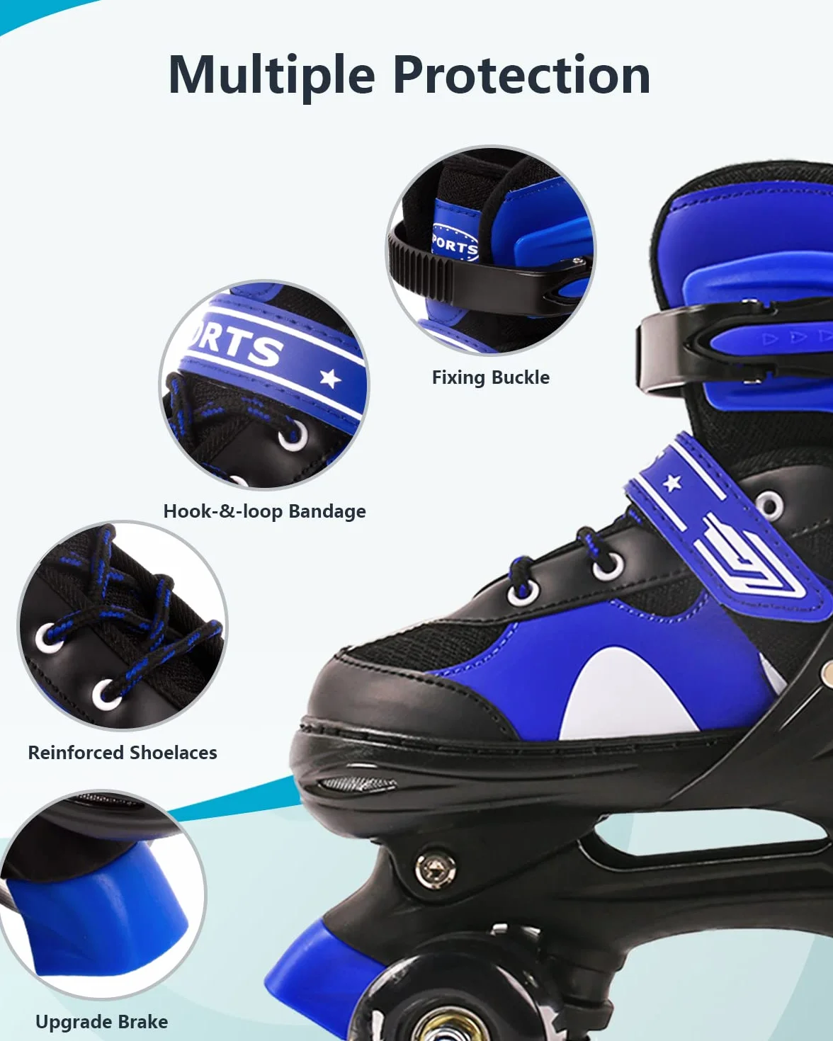 Patins à roulettes Rollers Quad 8 Roues Lumineuses Taille Réglable Bleu