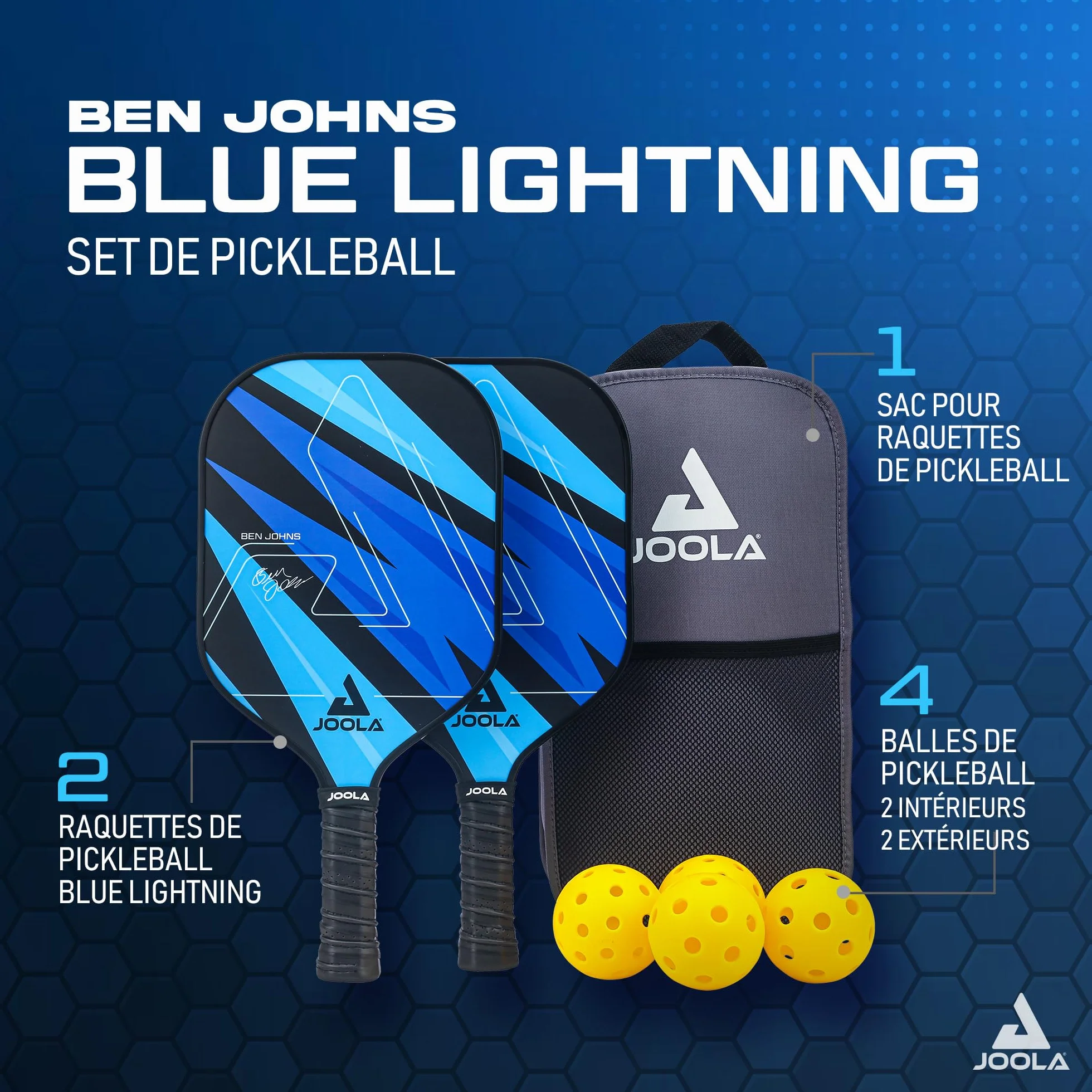 JOOLA Pickleball Set Blue Lightning 2 Raquettes 4 Balles Sac 7 Pièces